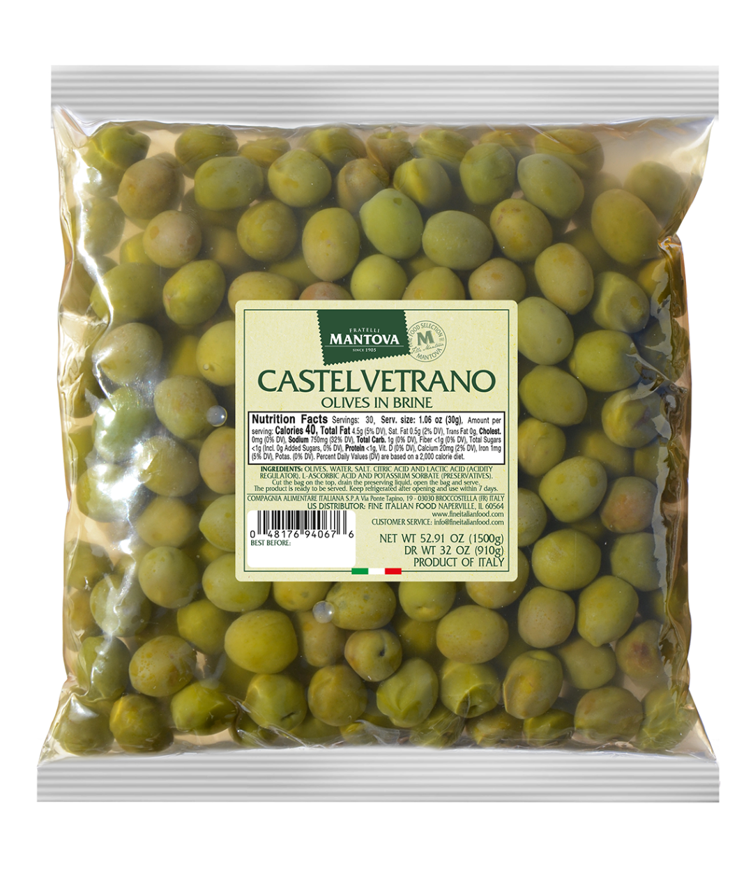 Mantova Whole Castelvetrano Olives in Brine, 3.3 lb.