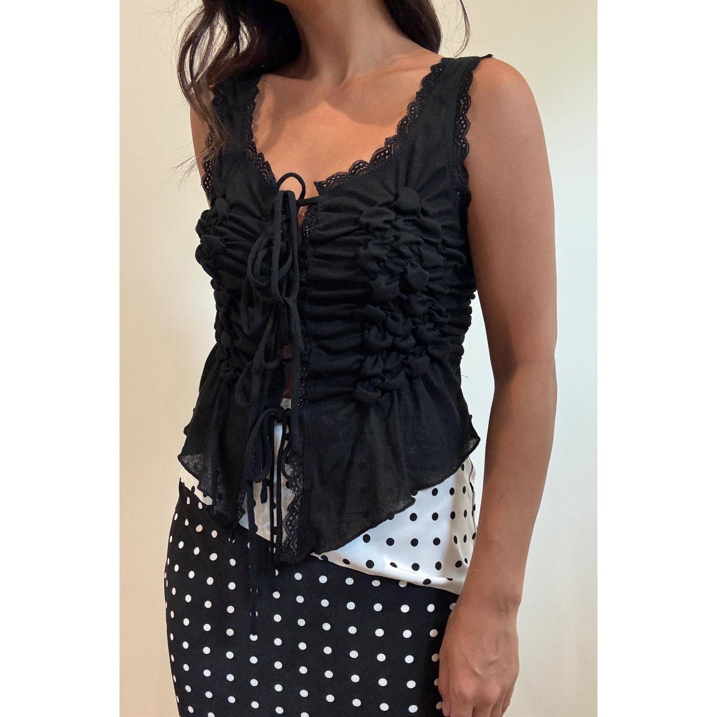Sleeveless Front Tie Ruched Top