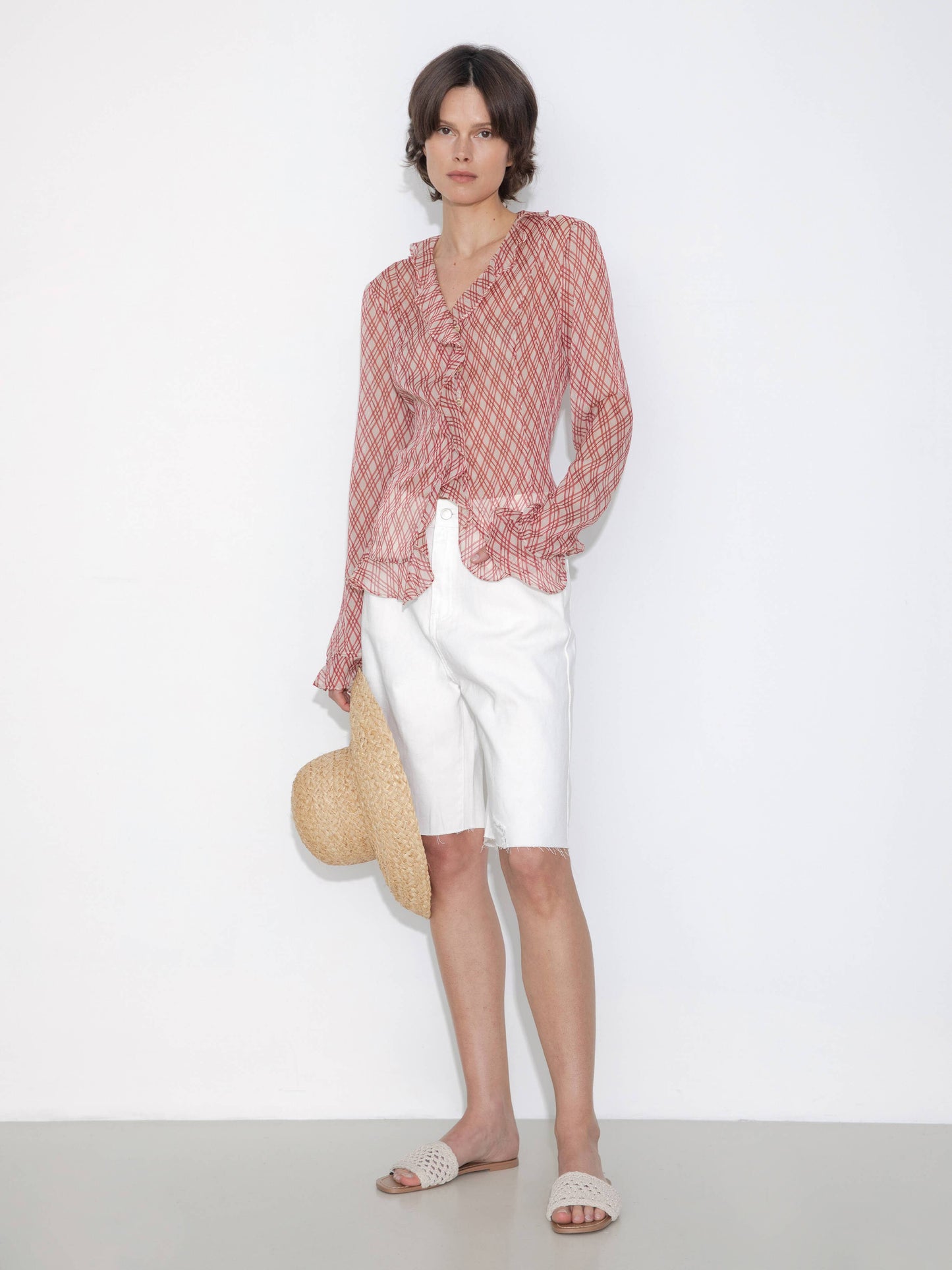Semi-Sheer Ruffle Trim Check Shirt