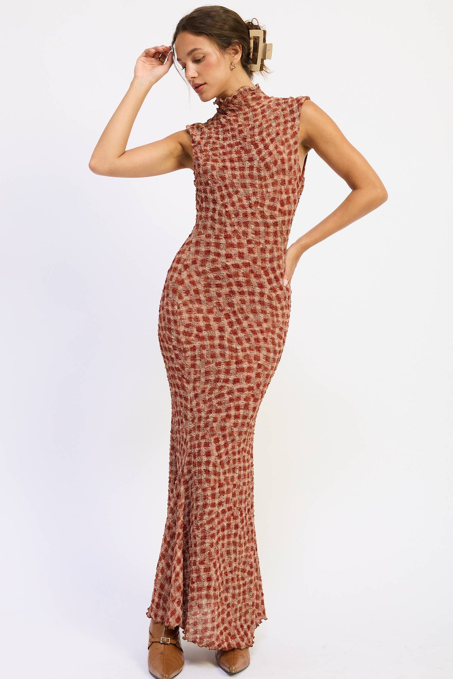 SMOCKED MAXI RUFFLE DRESS WITH MOCK NECK