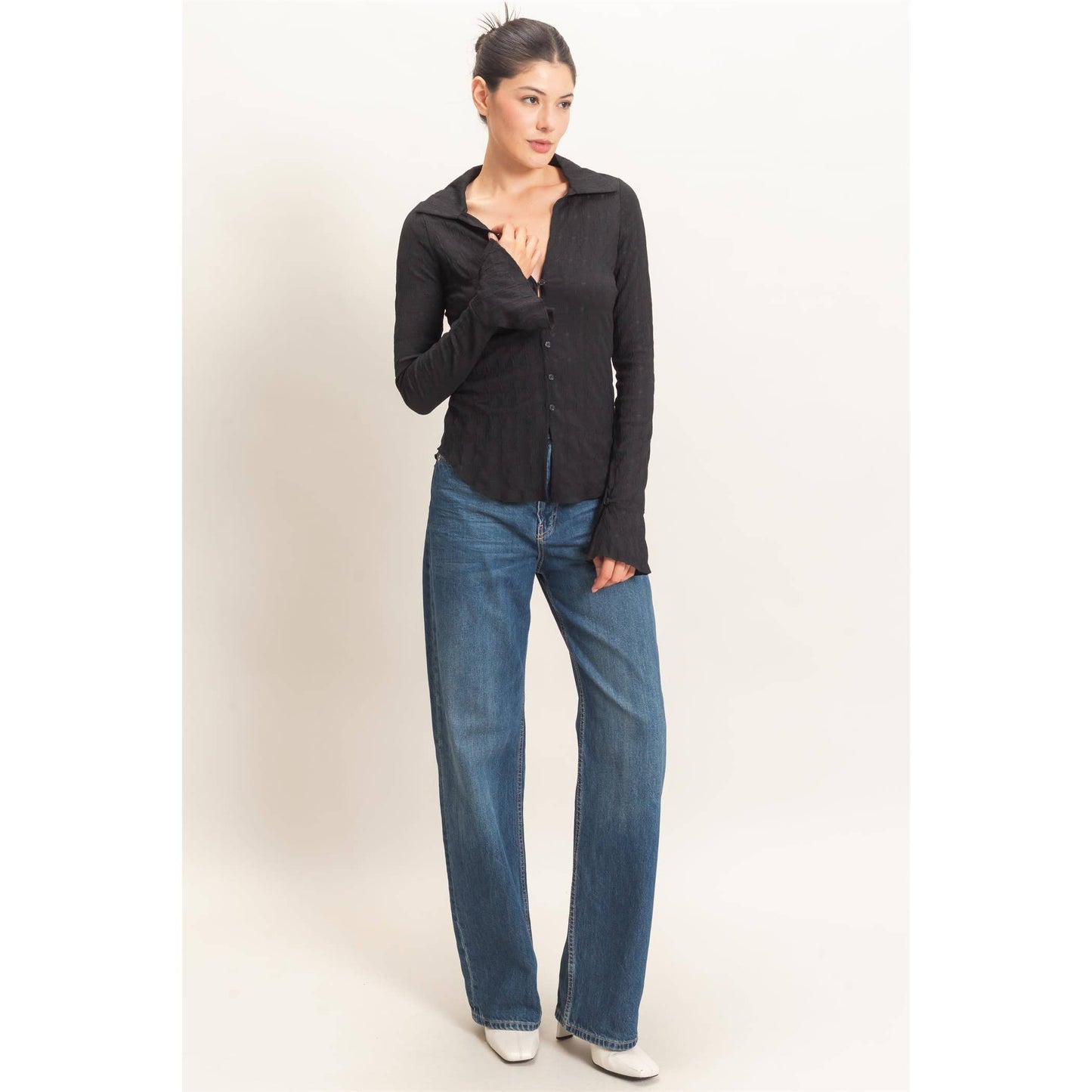 Textured Button-Up Collared Top