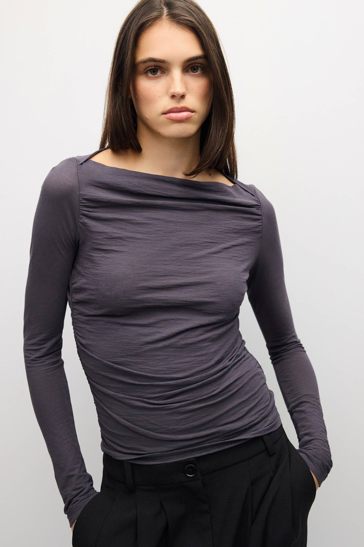 The April Top | Wide Neck Pleated Knit LS Top