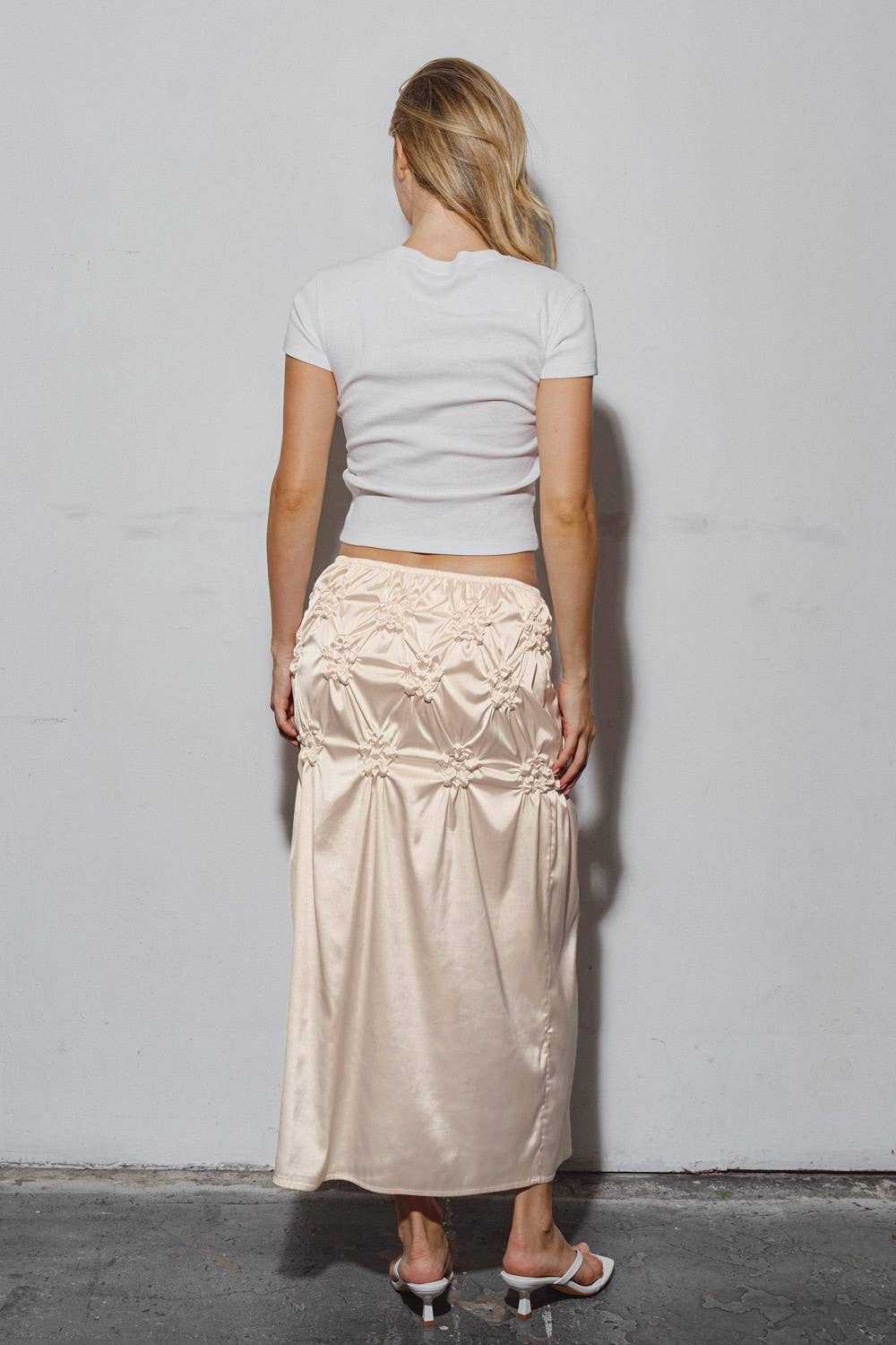 A4126S Woven Satin Midi Skirt With Floral Smocking Detail
