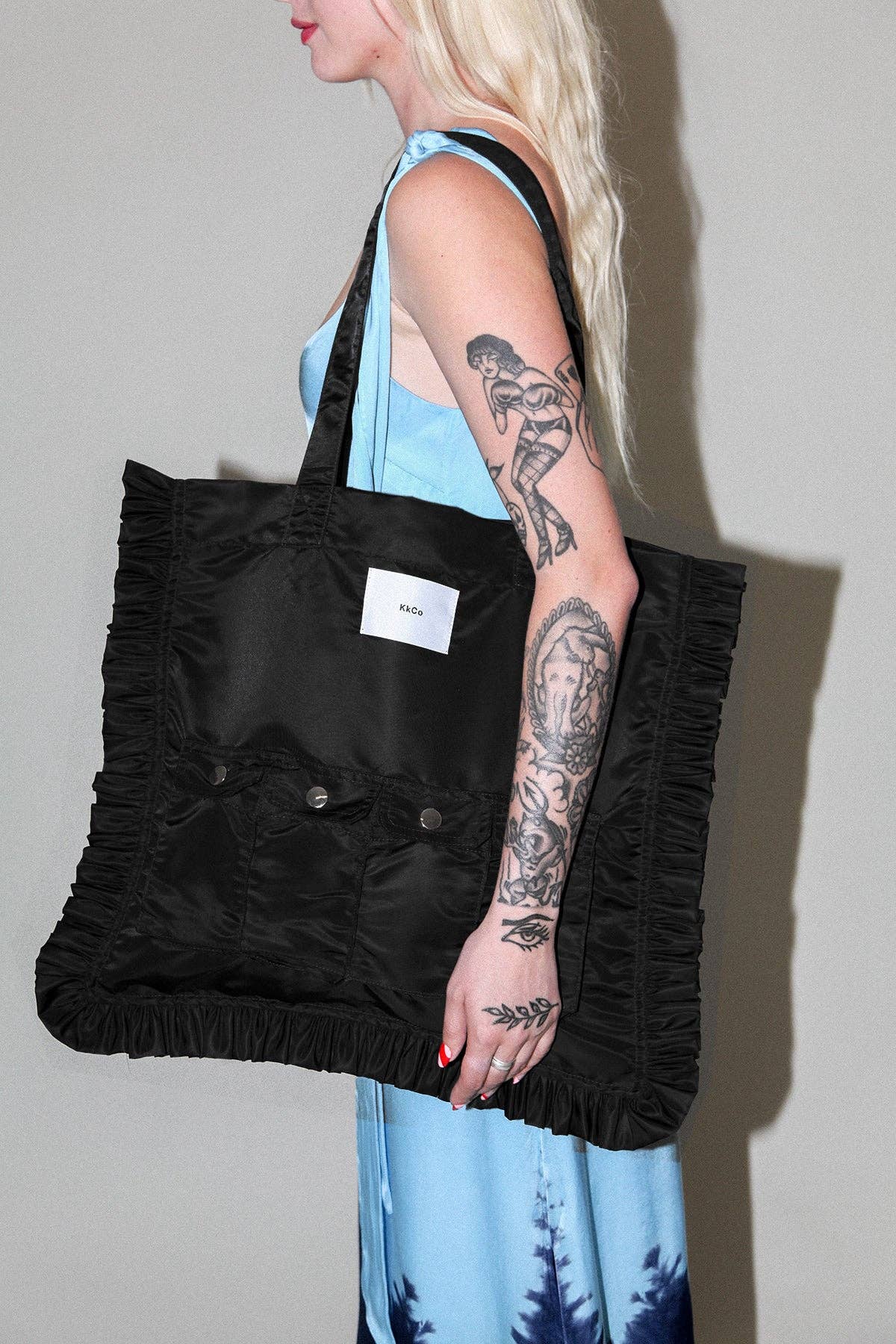 Utility Tote in Black Nylon Satin