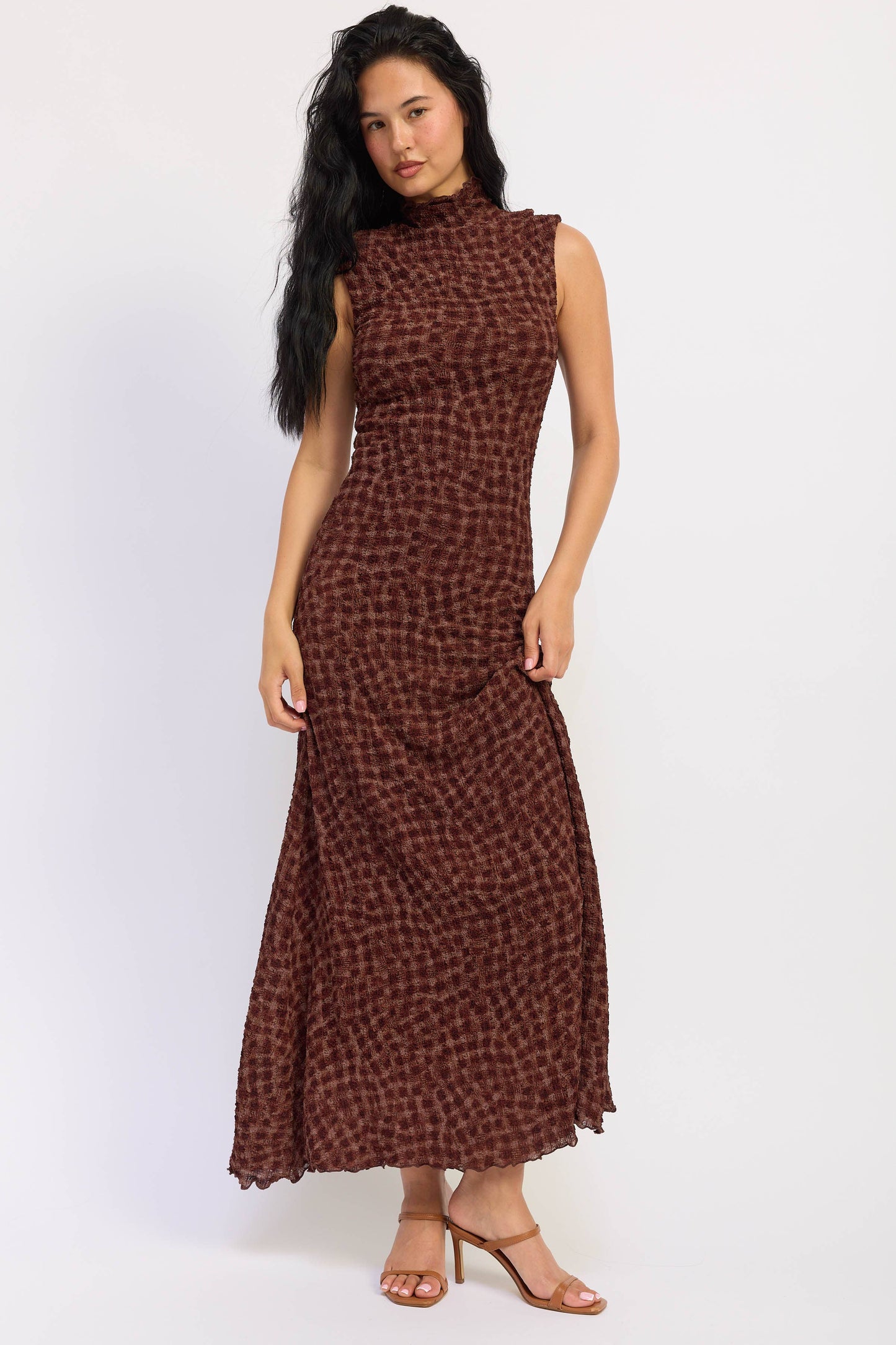 SMOCKED MAXI RUFFLE DRESS WITH MOCK NECK