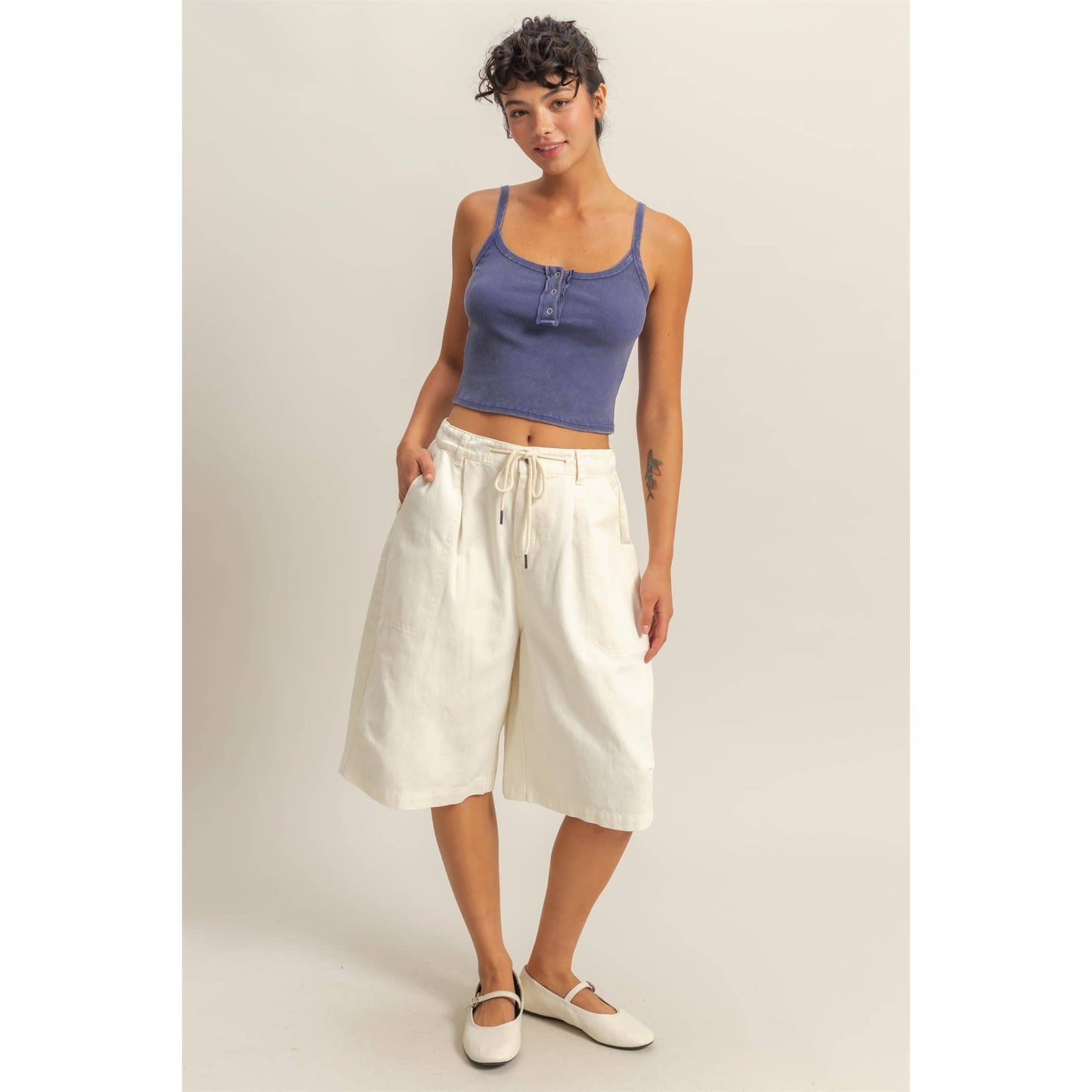 Drawstring Waist Wide Leg Jorts