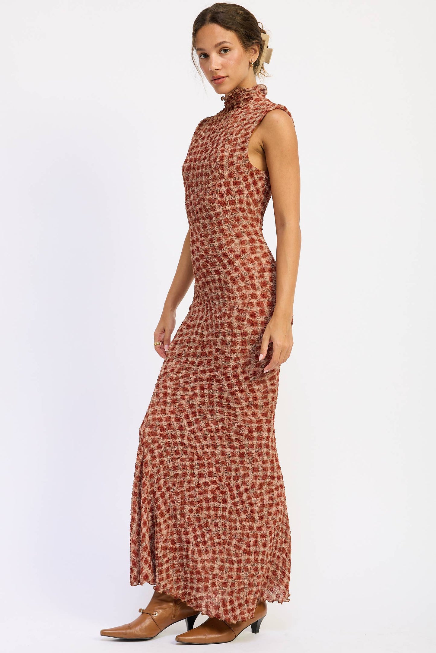 SMOCKED MAXI RUFFLE DRESS WITH MOCK NECK