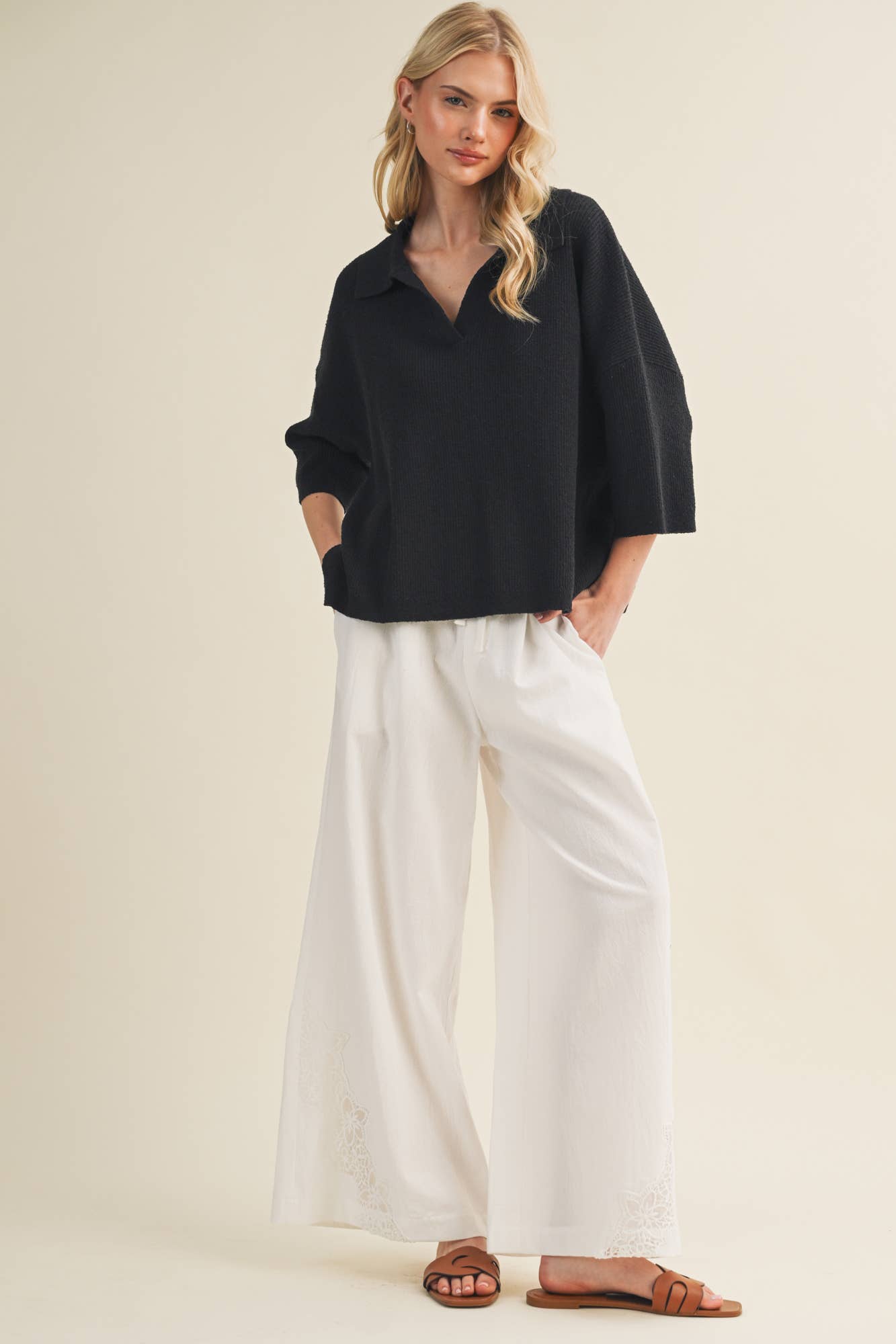 Polo Collar Open V-Neck Pullover