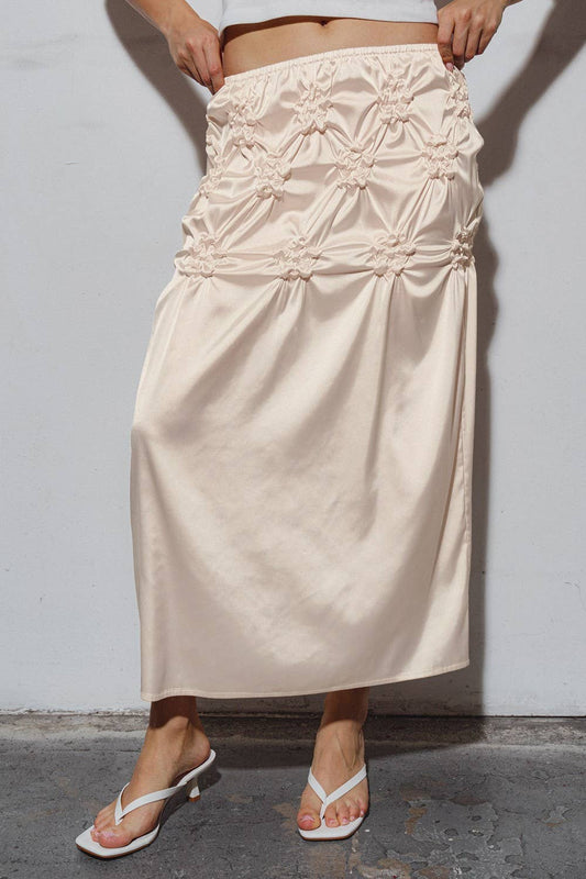 Woven Satin Midi Skirt With Floral Smocking Detail ruching