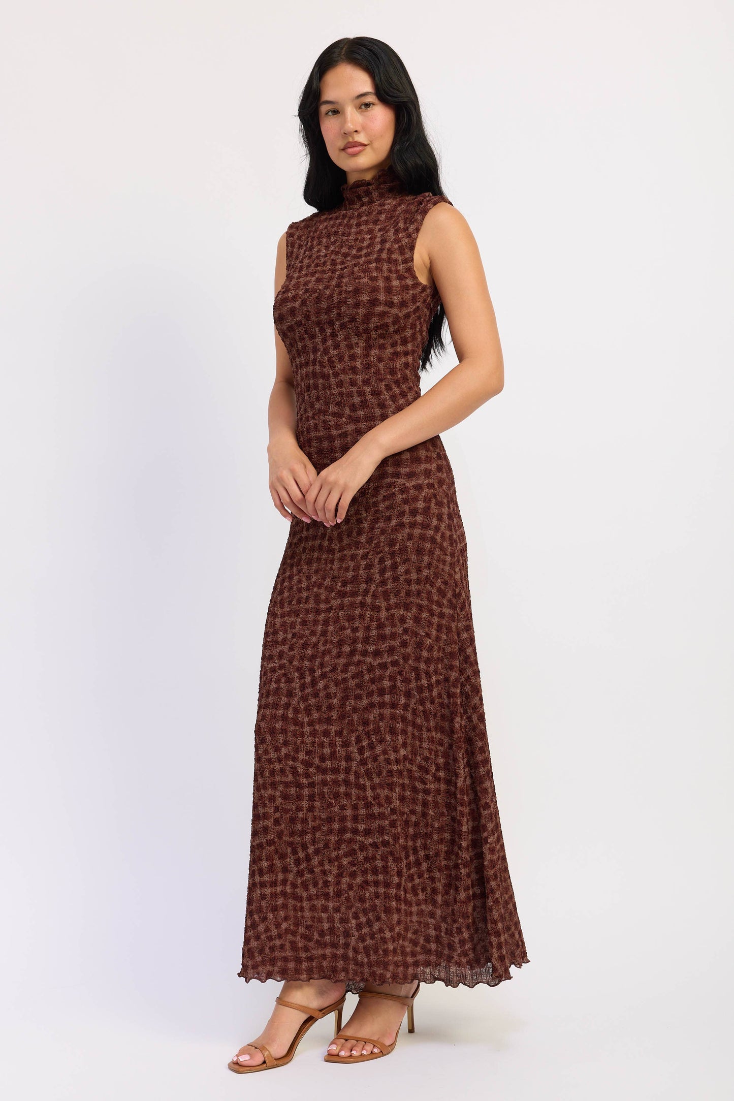 SMOCKED MAXI RUFFLE DRESS WITH MOCK NECK