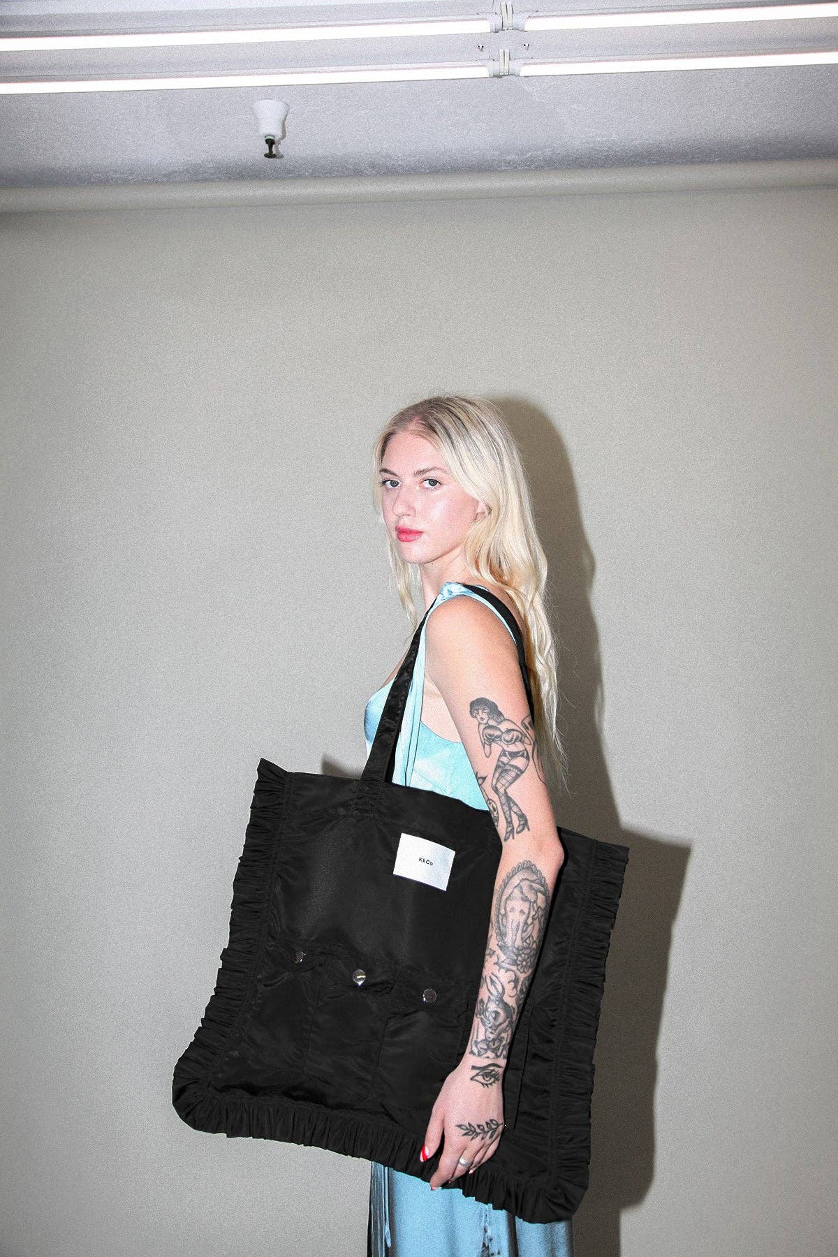 Utility Tote in Black Nylon Satin