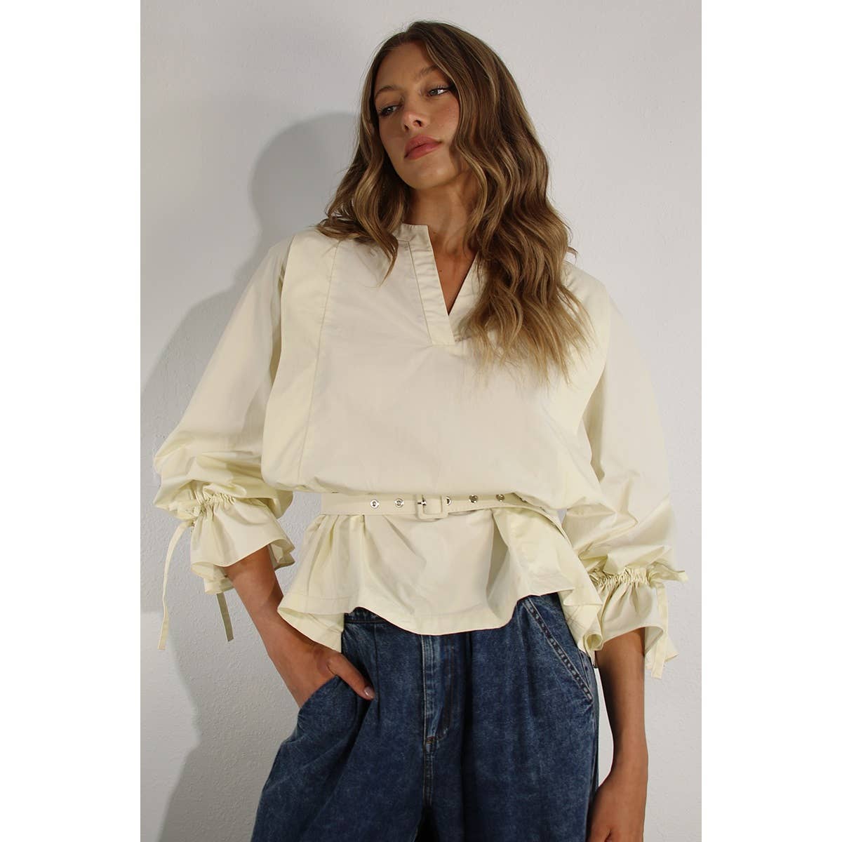 PLEATED IN BACK COTTON BLOUSE