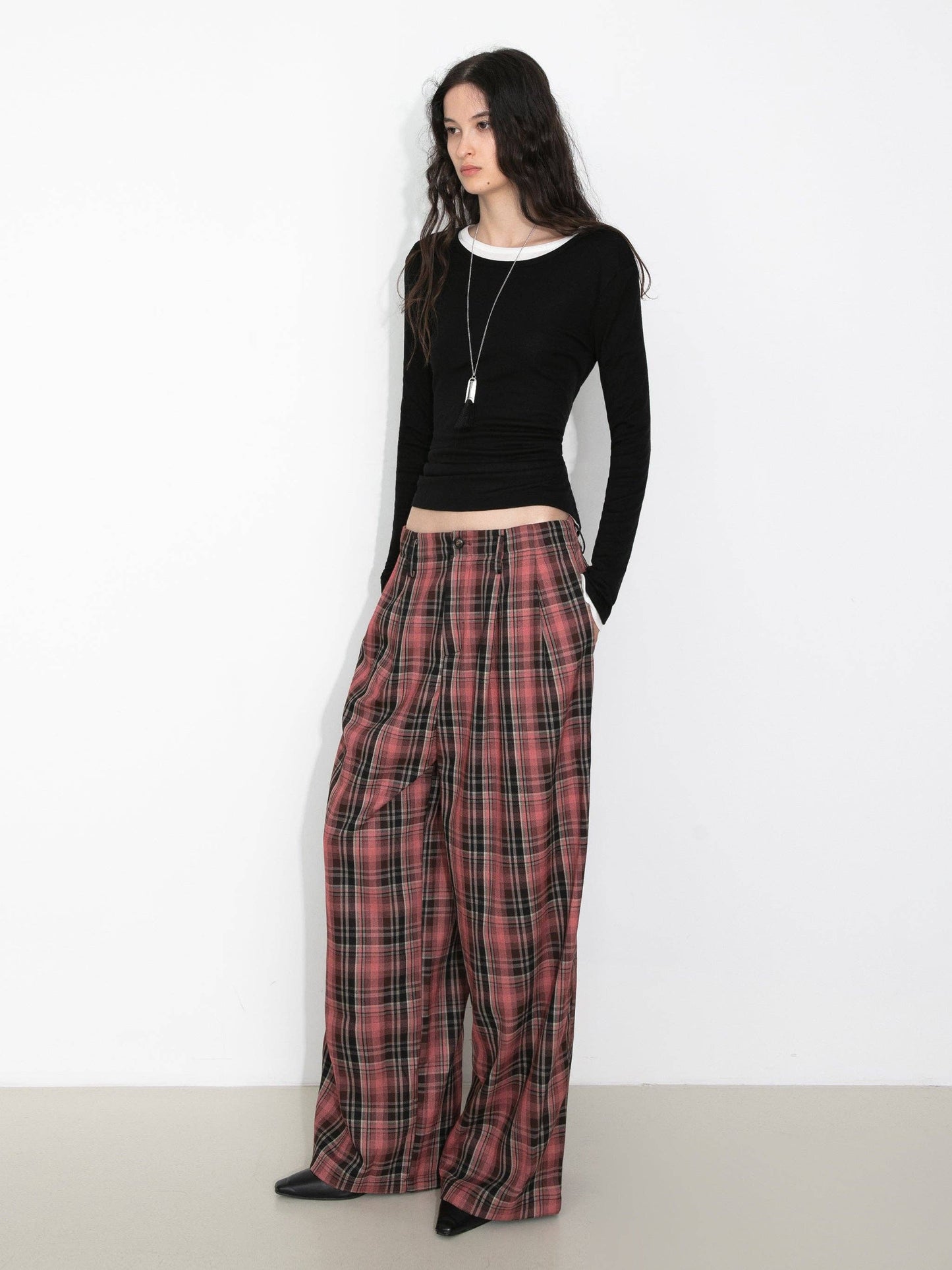 Striped Check Wide-Leg Draped Floor-Length Trousers