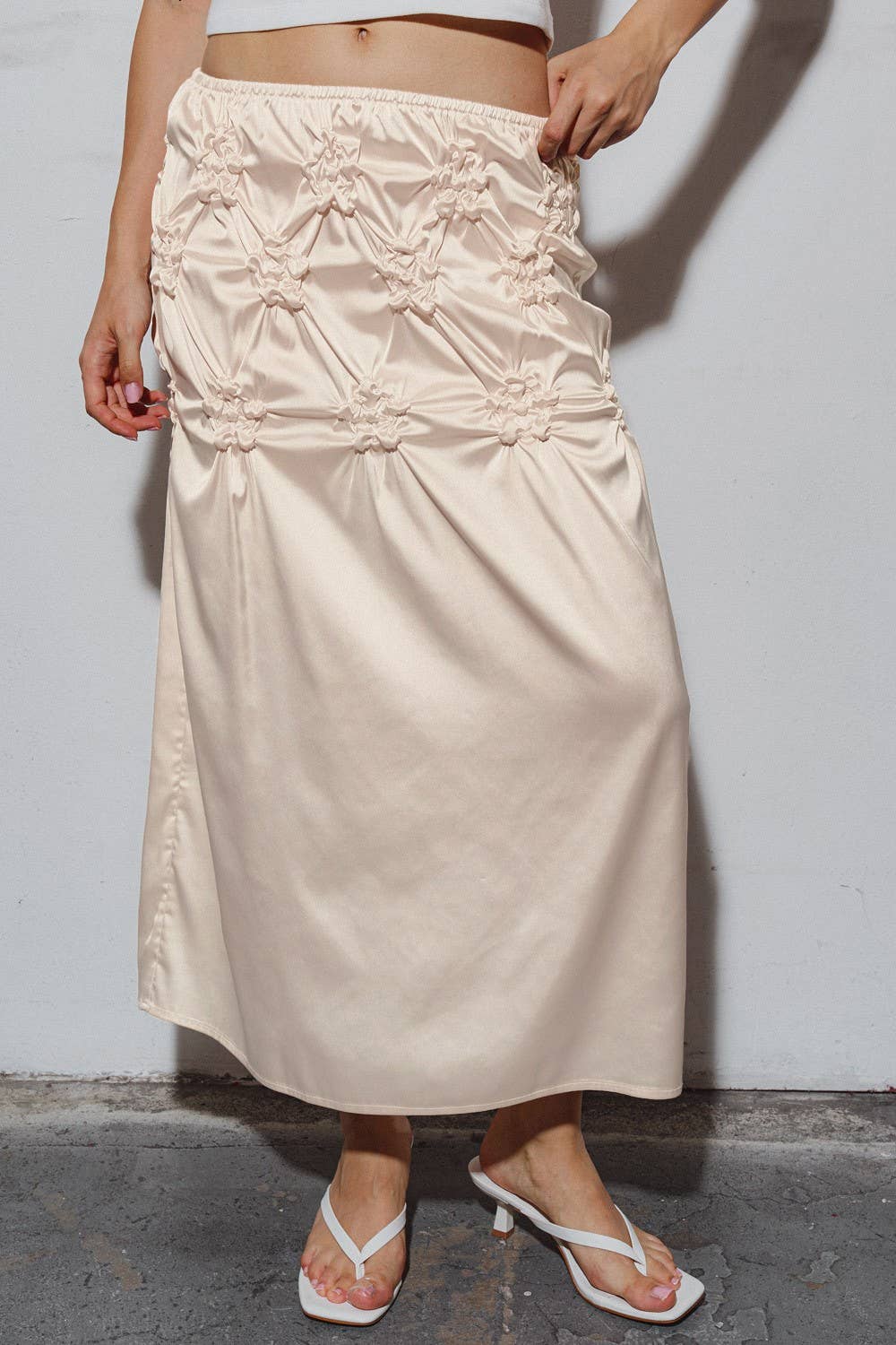 A4126S Woven Satin Midi Skirt With Floral Smocking Detail