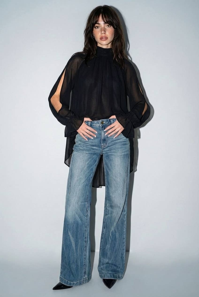 Chiffon Cold-Shoulder High-Low Top