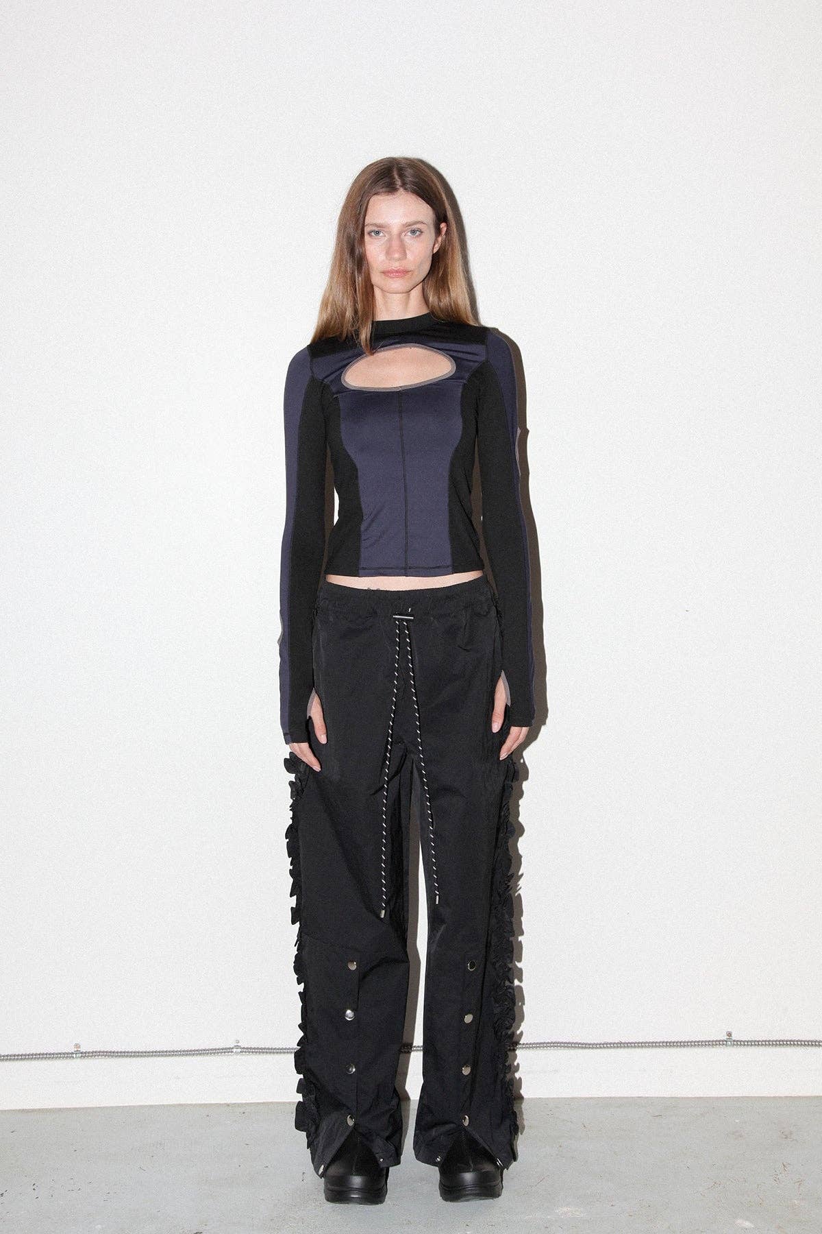 Ruffle Split Track Pant in Onyx