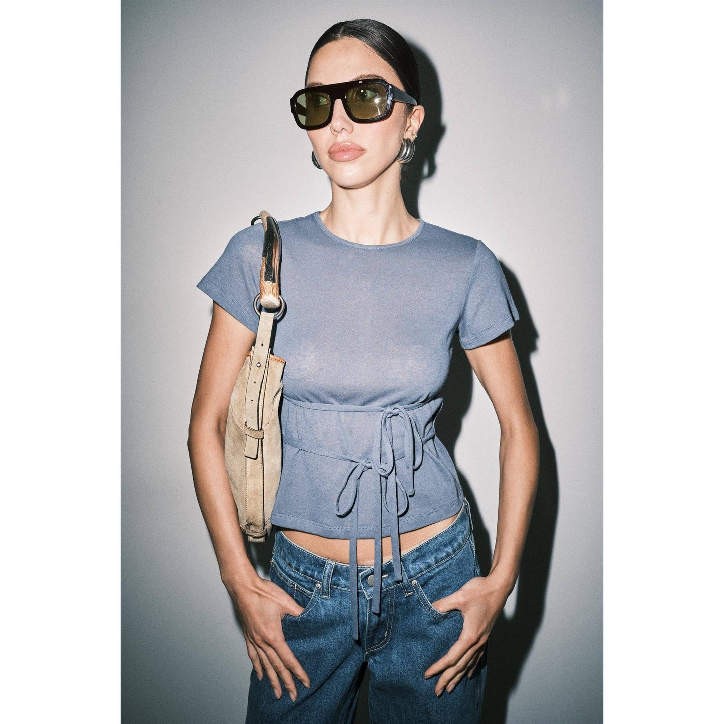Amber Fine Knit Tie Waist Short Sleeve Tee Top