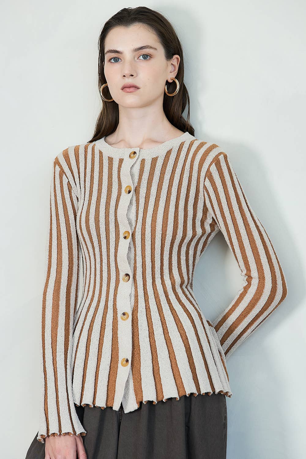 Stripe Textured Button-Up Knit Top