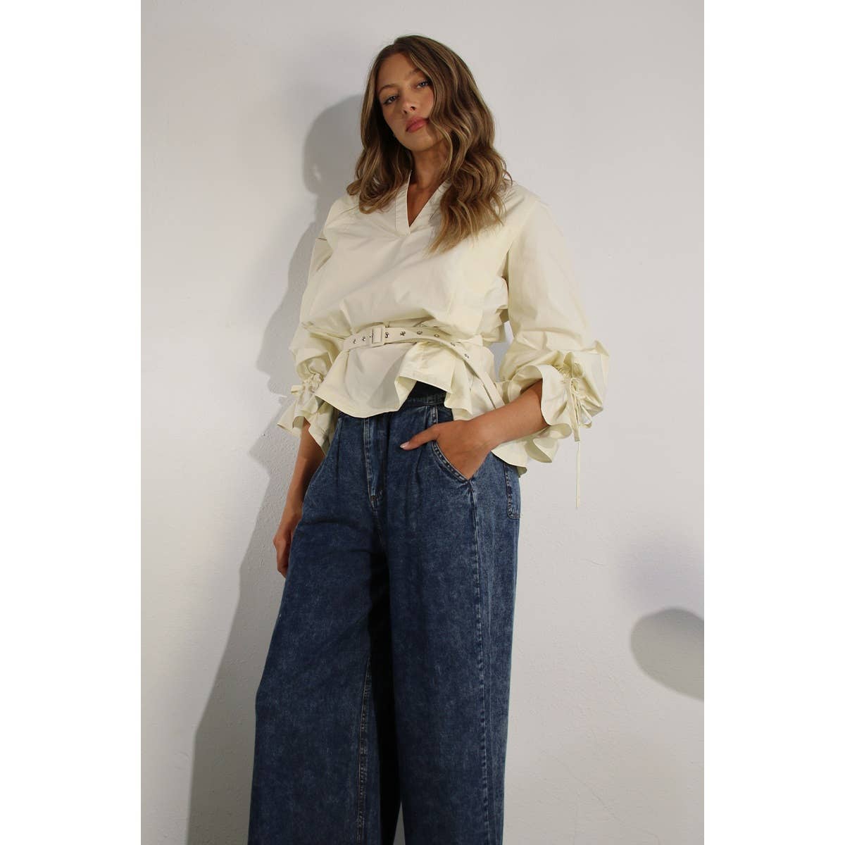 PLEATED IN BACK COTTON BLOUSE