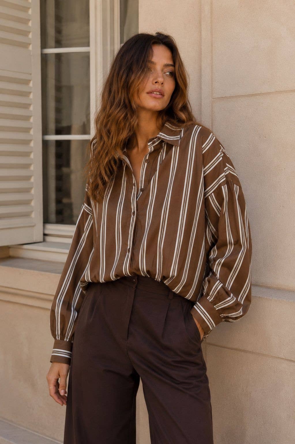 Striped Cotton Shirt with Pleats at the Hem Orice