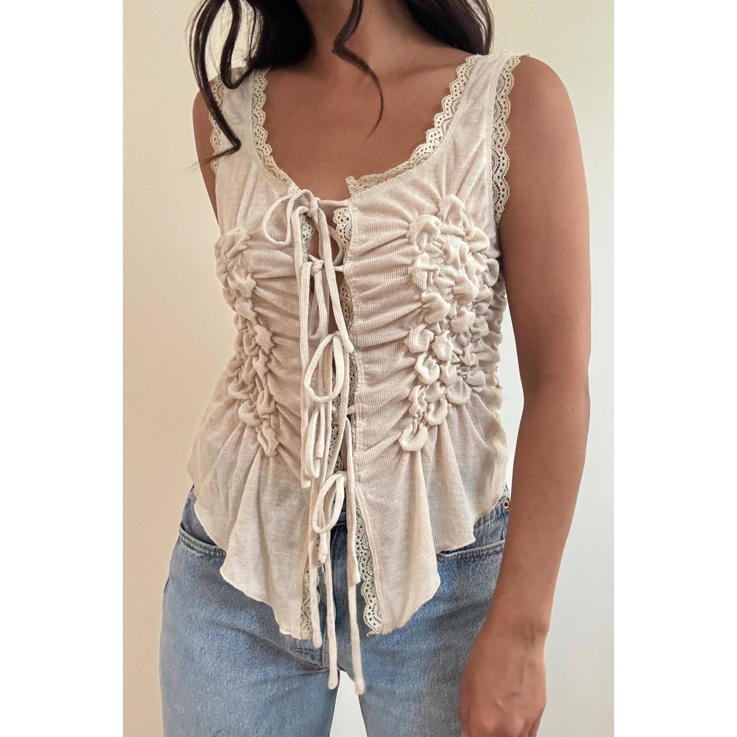Sleeveless Front Tie Ruched Top