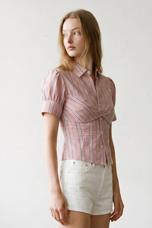Striped Puff Sleeve Layered Blouse