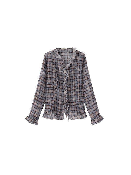 Semi-Sheer Ruffle Trim Check Shirt