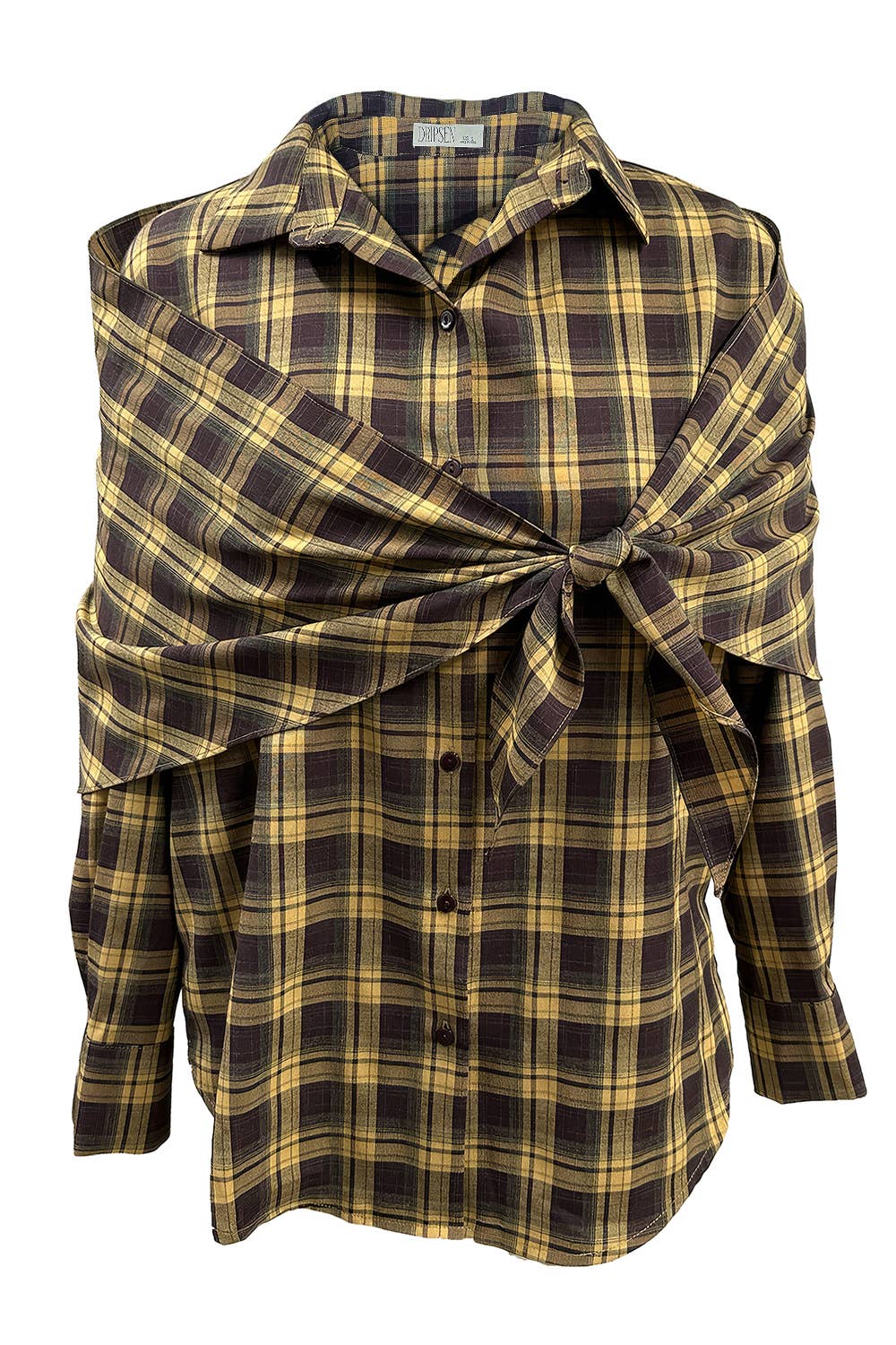 RT10039_Plaid Button-Down Shirt with Convertible Scarf