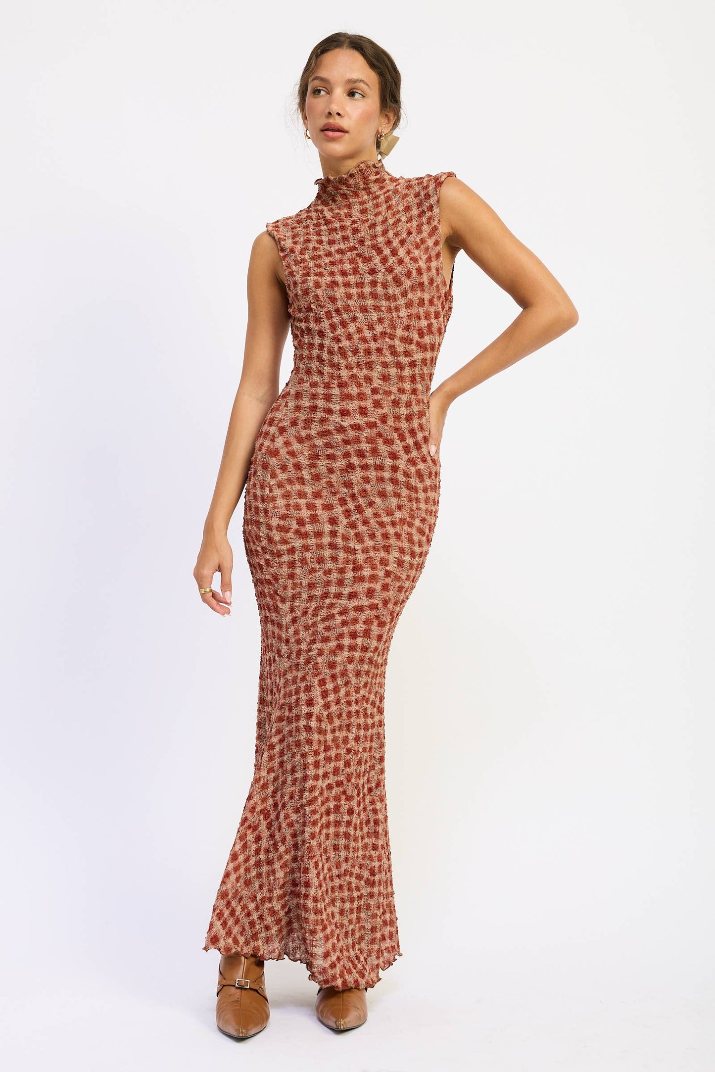 SMOCKED MAXI RUFFLE DRESS WITH MOCK NECK