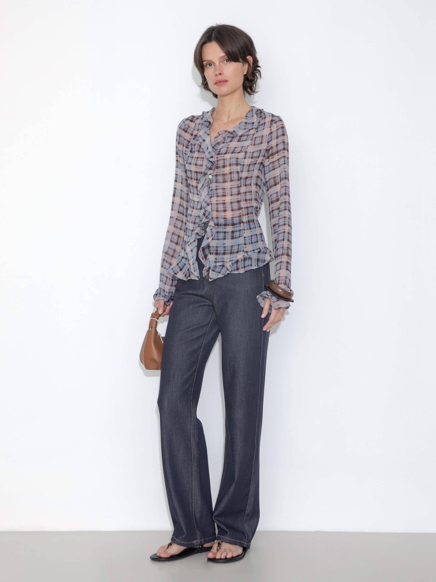 Semi-Sheer Ruffle Trim Check Shirt