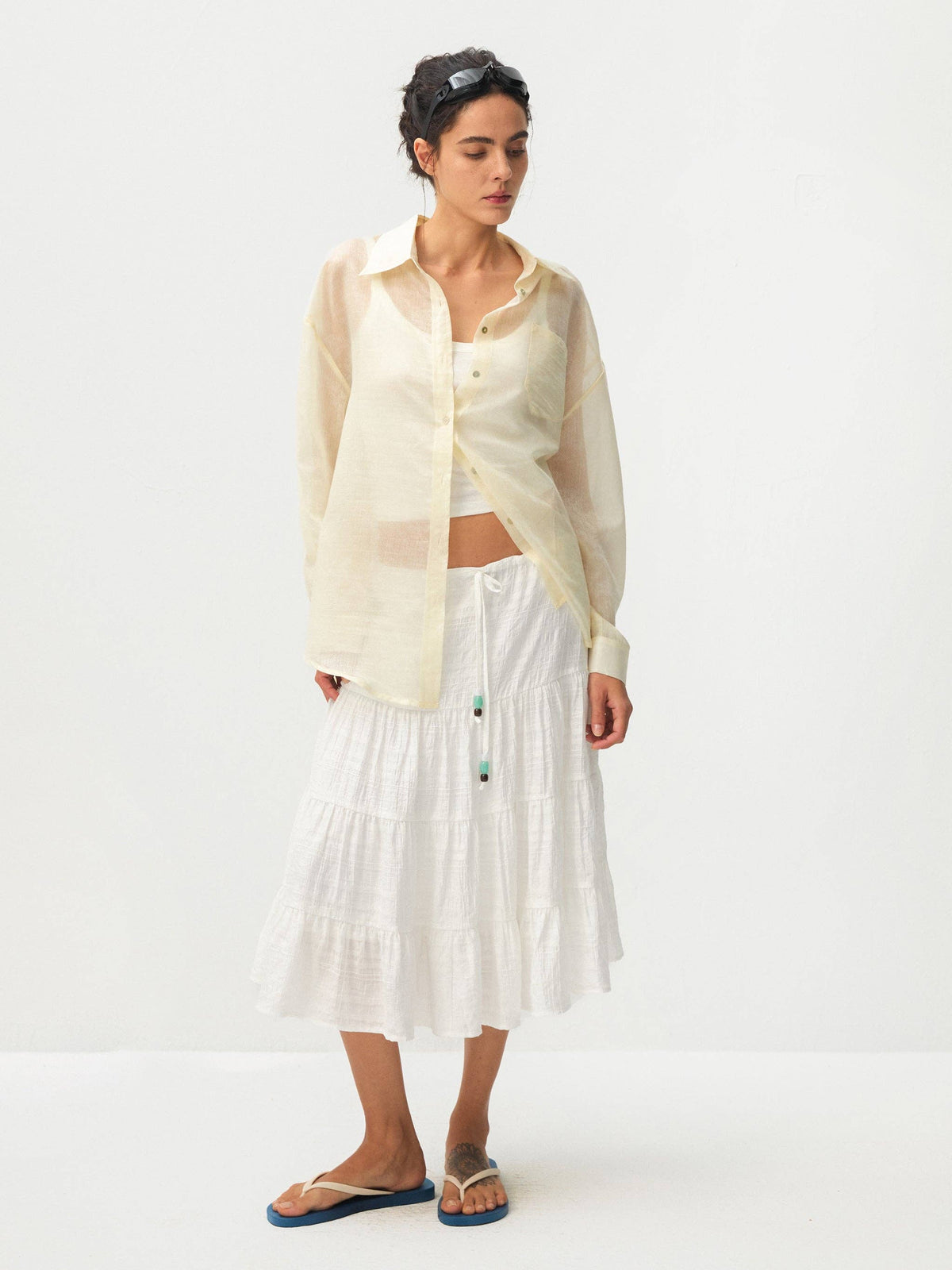 CUBIC Lyocell Oversized Sheer Button-Down Shirt