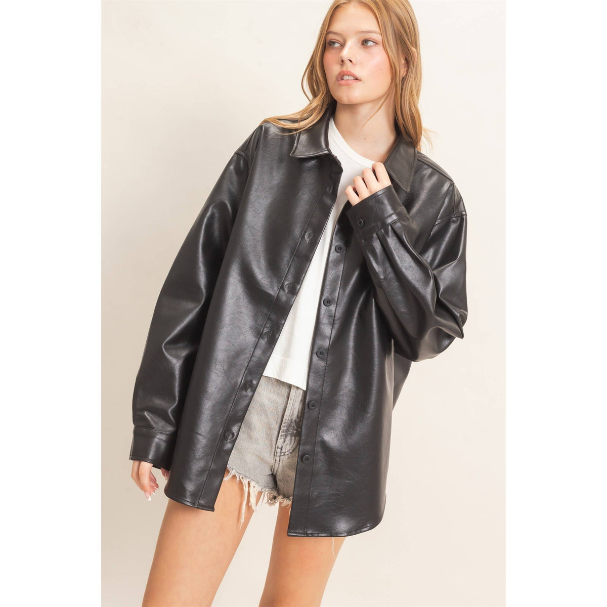Faux Leather Button-Down Shirt