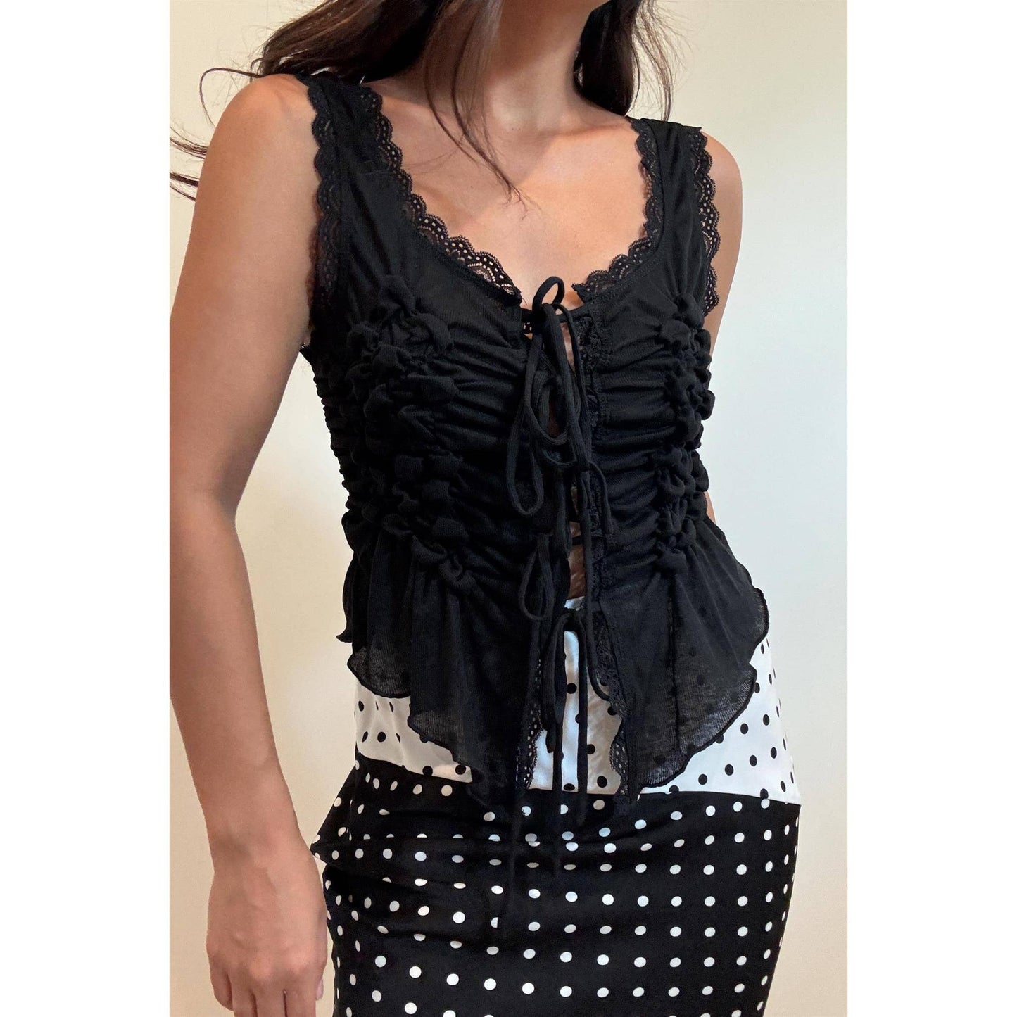 Sleeveless Front Tie Ruched Top