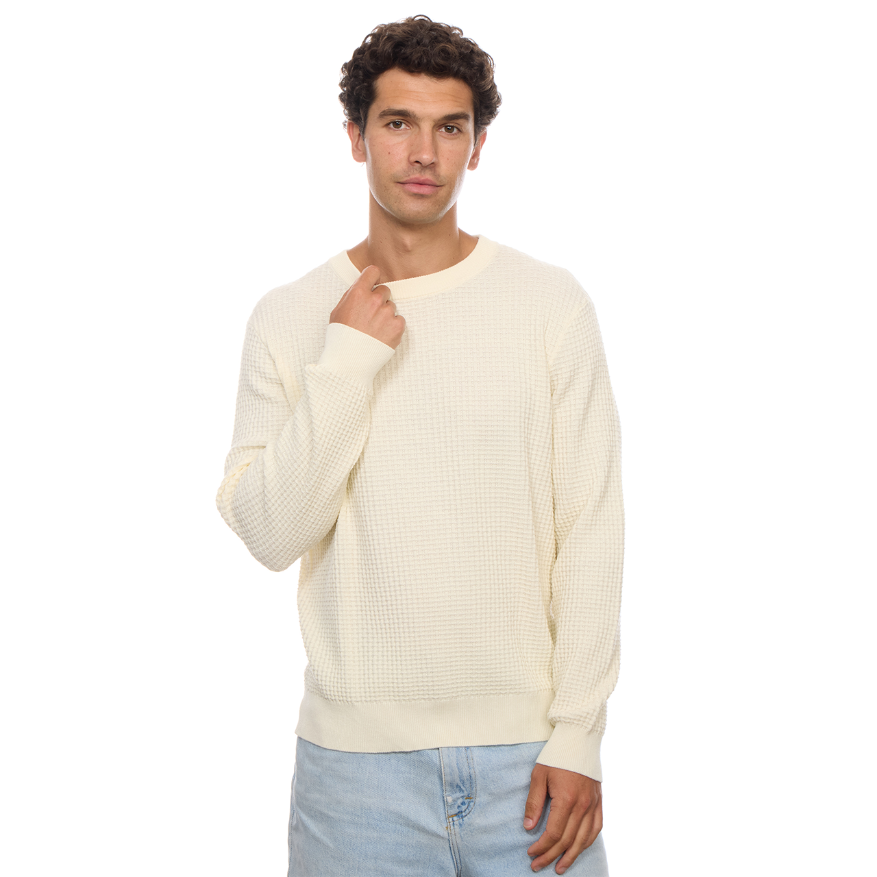 Allen Solid Textured 100% Cotton Sweater -Cream