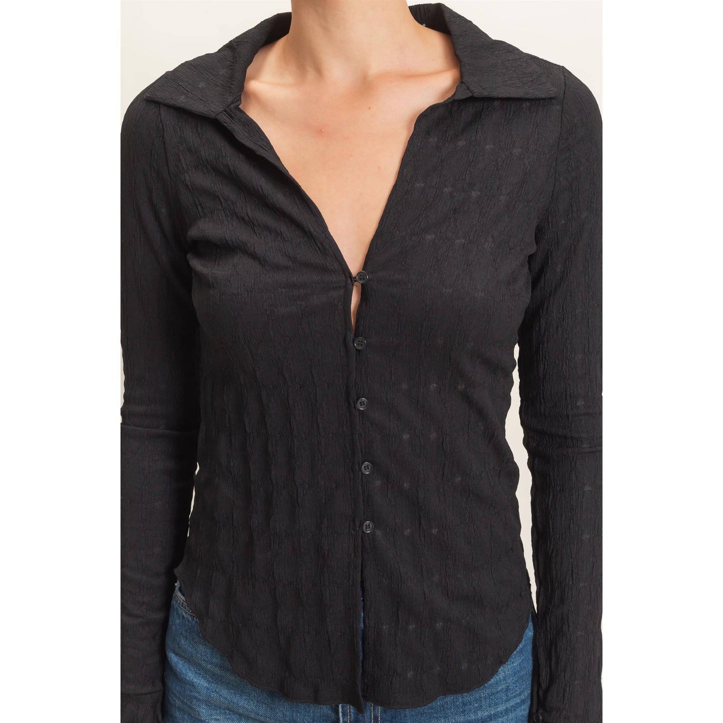 Textured Button-Up Collared Top