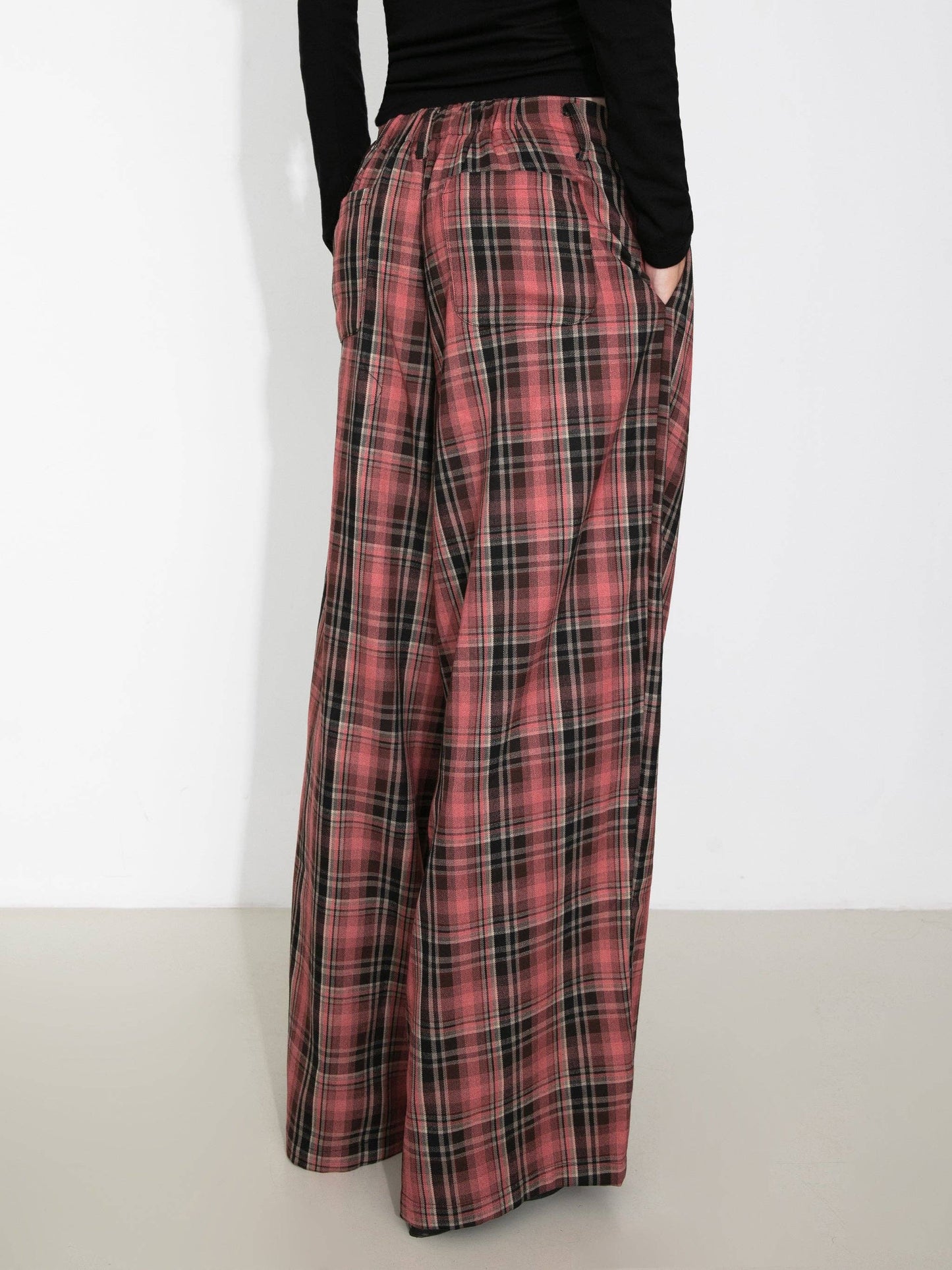 Striped Check Wide-Leg Draped Floor-Length Trousers