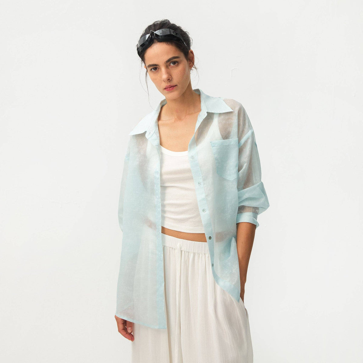 CUBIC Lyocell Oversized Sheer Button-Down Shirt