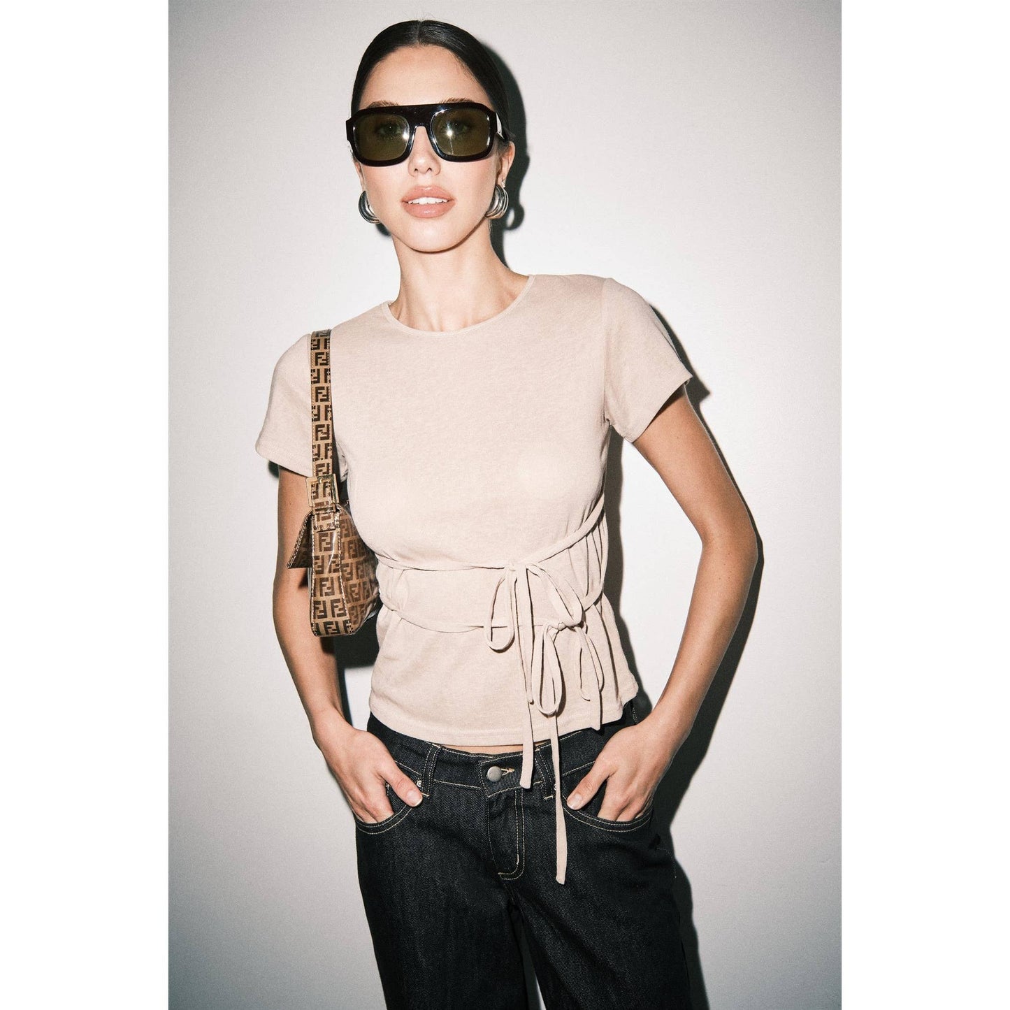 Amber Fine Knit Tie Waist Short Sleeve Tee Top