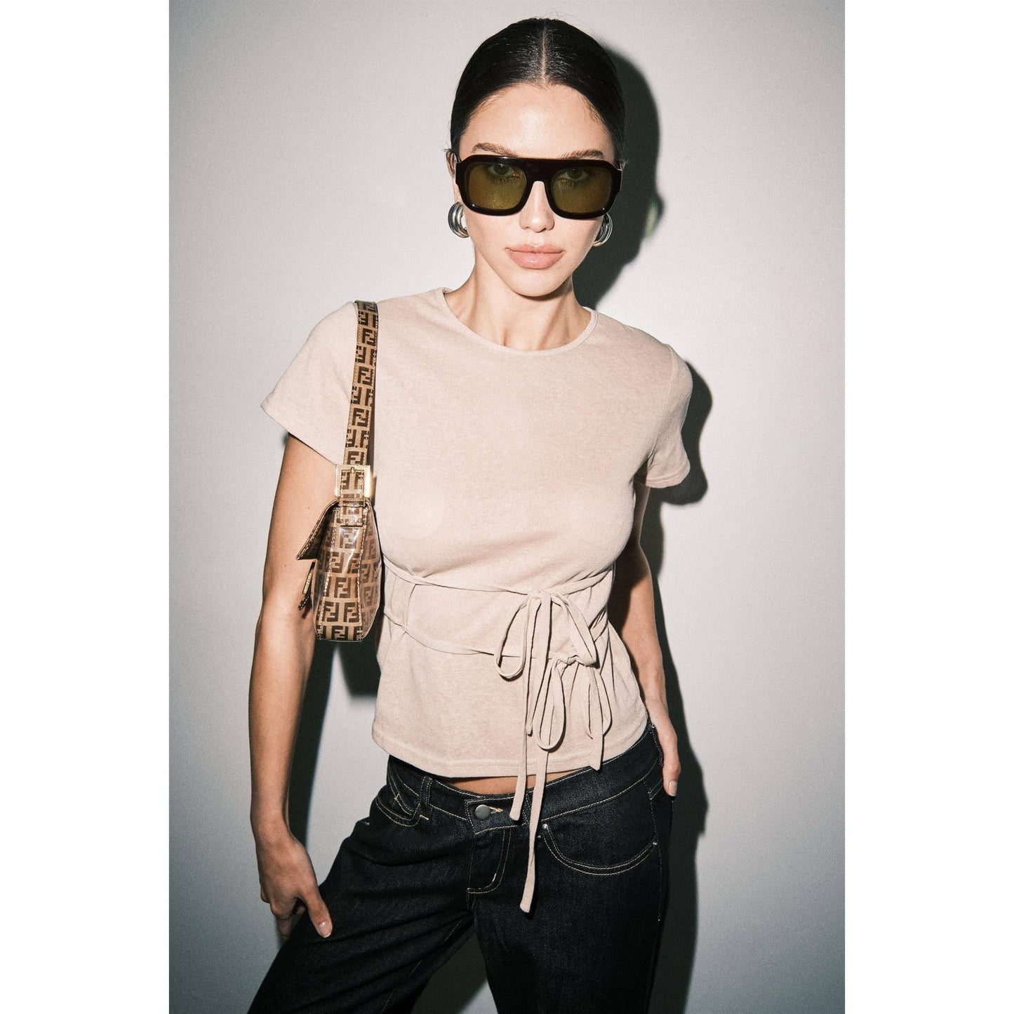 Amber Fine Knit Tie Waist Short Sleeve Tee Top