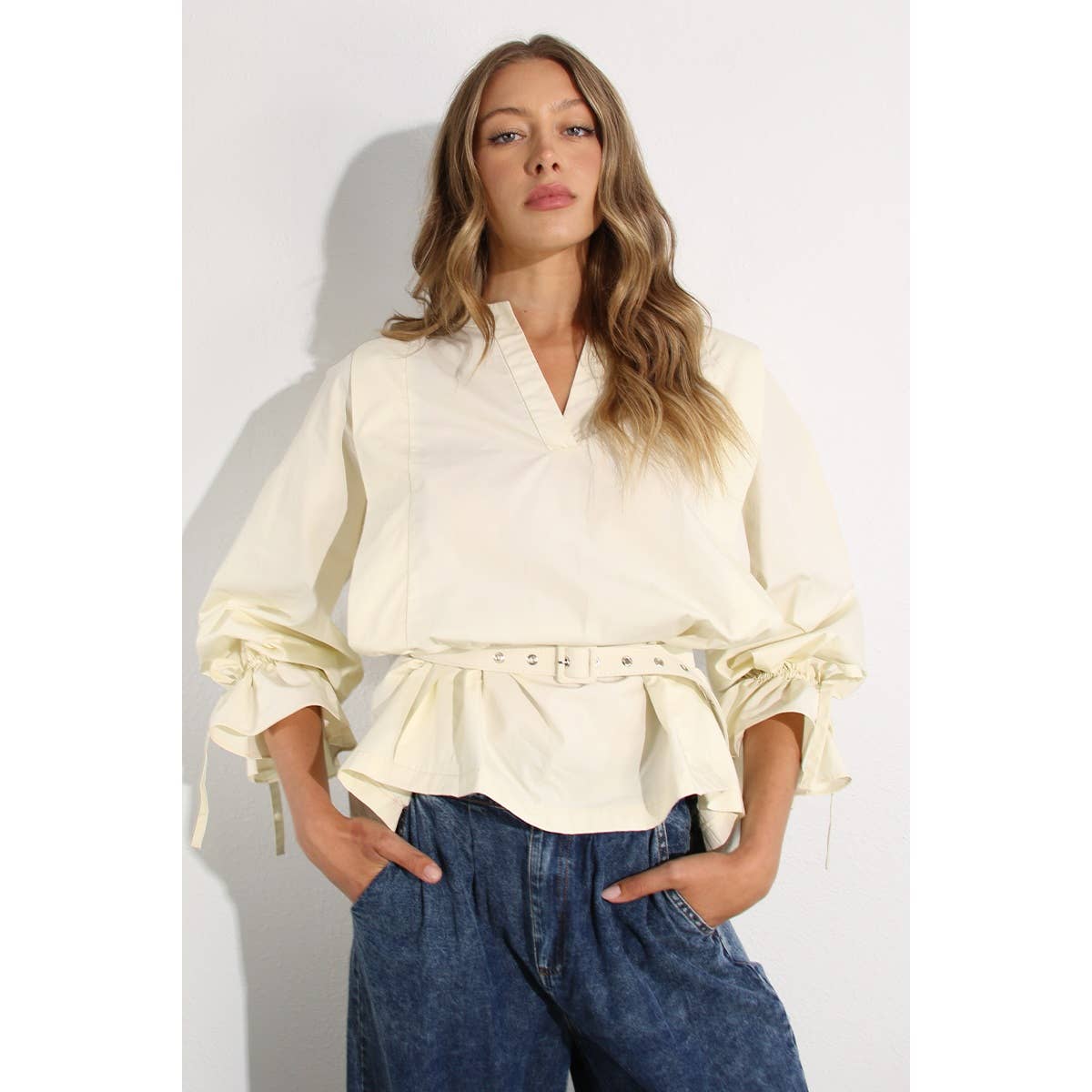 PLEATED IN BACK COTTON BLOUSE