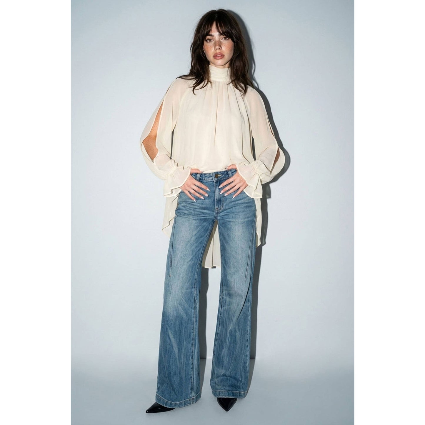 Chiffon Cold-Shoulder High-Low Top