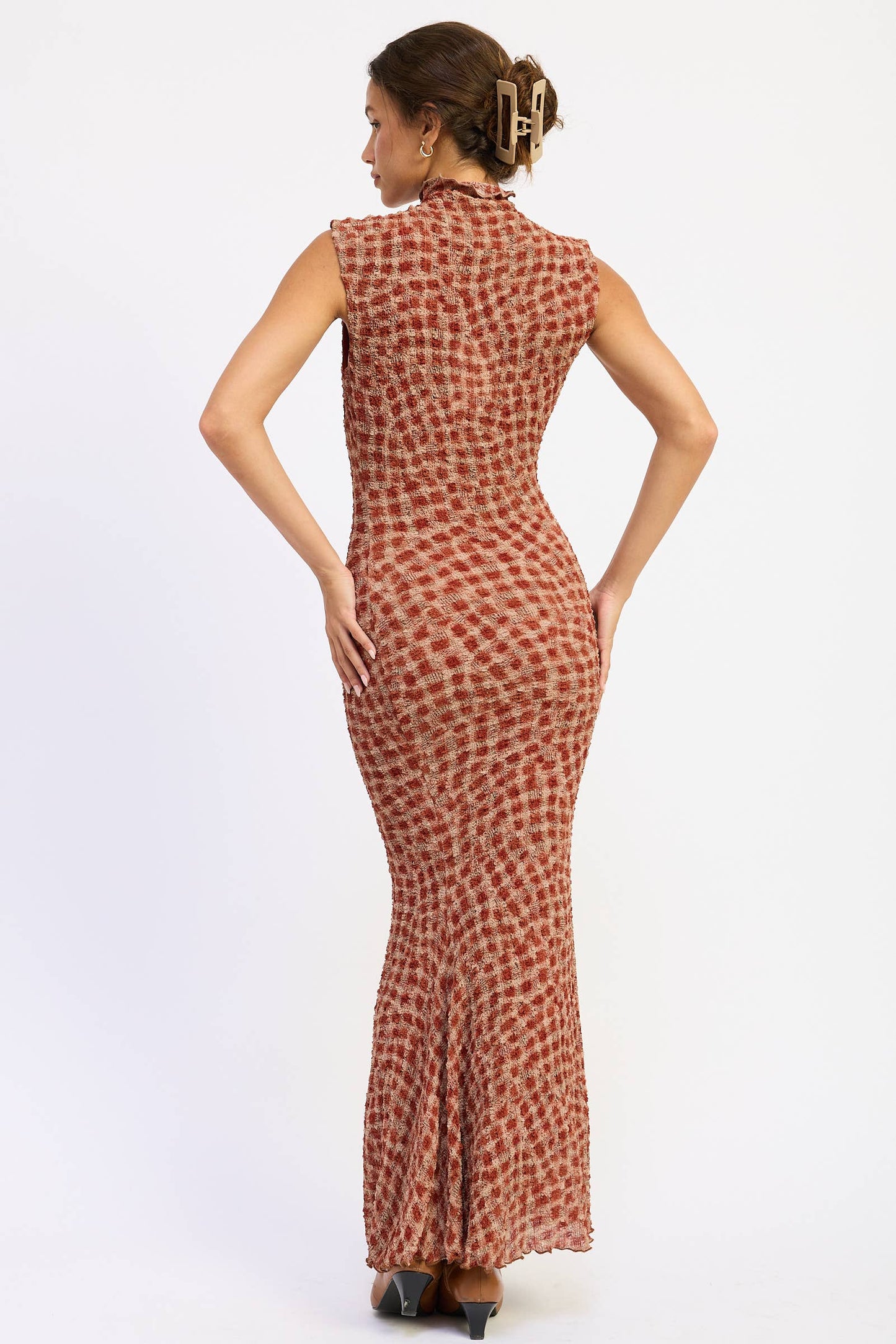 SMOCKED MAXI RUFFLE DRESS WITH MOCK NECK