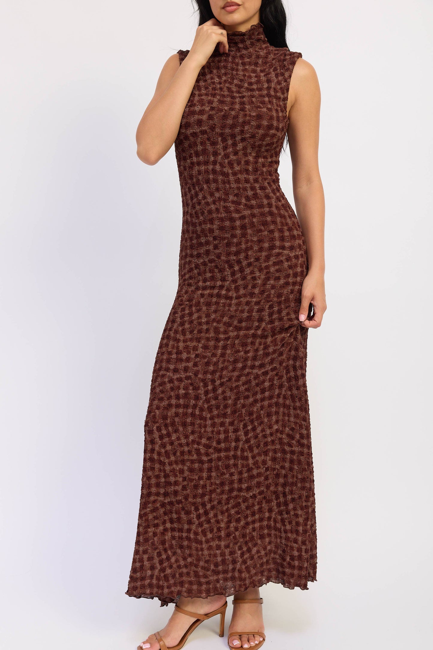 SMOCKED MAXI RUFFLE DRESS WITH MOCK NECK