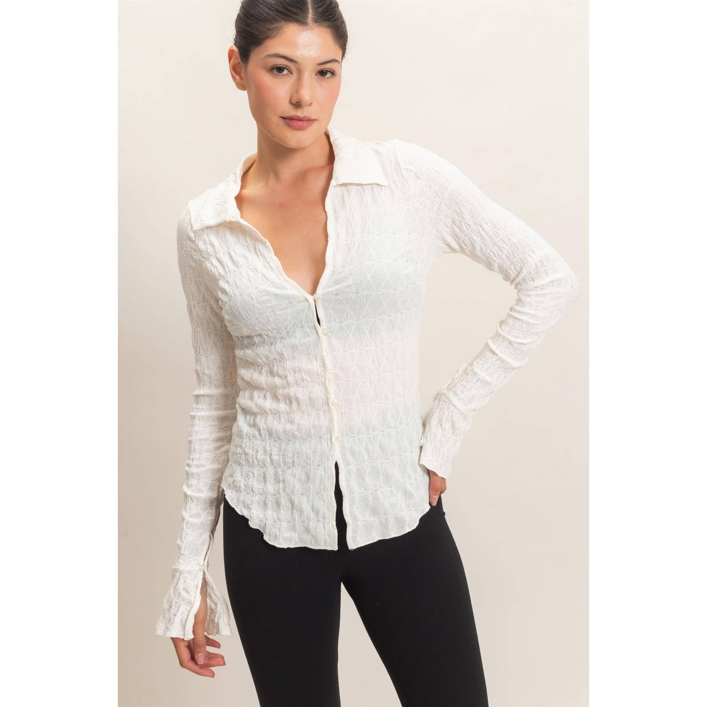 Textured Button-Up Collared Top