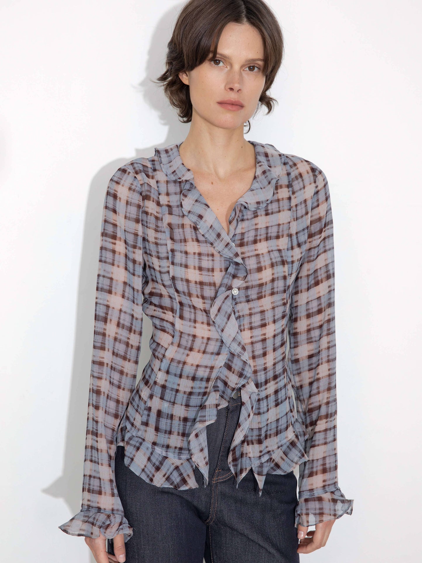 Semi-Sheer Ruffle Trim Check Shirt