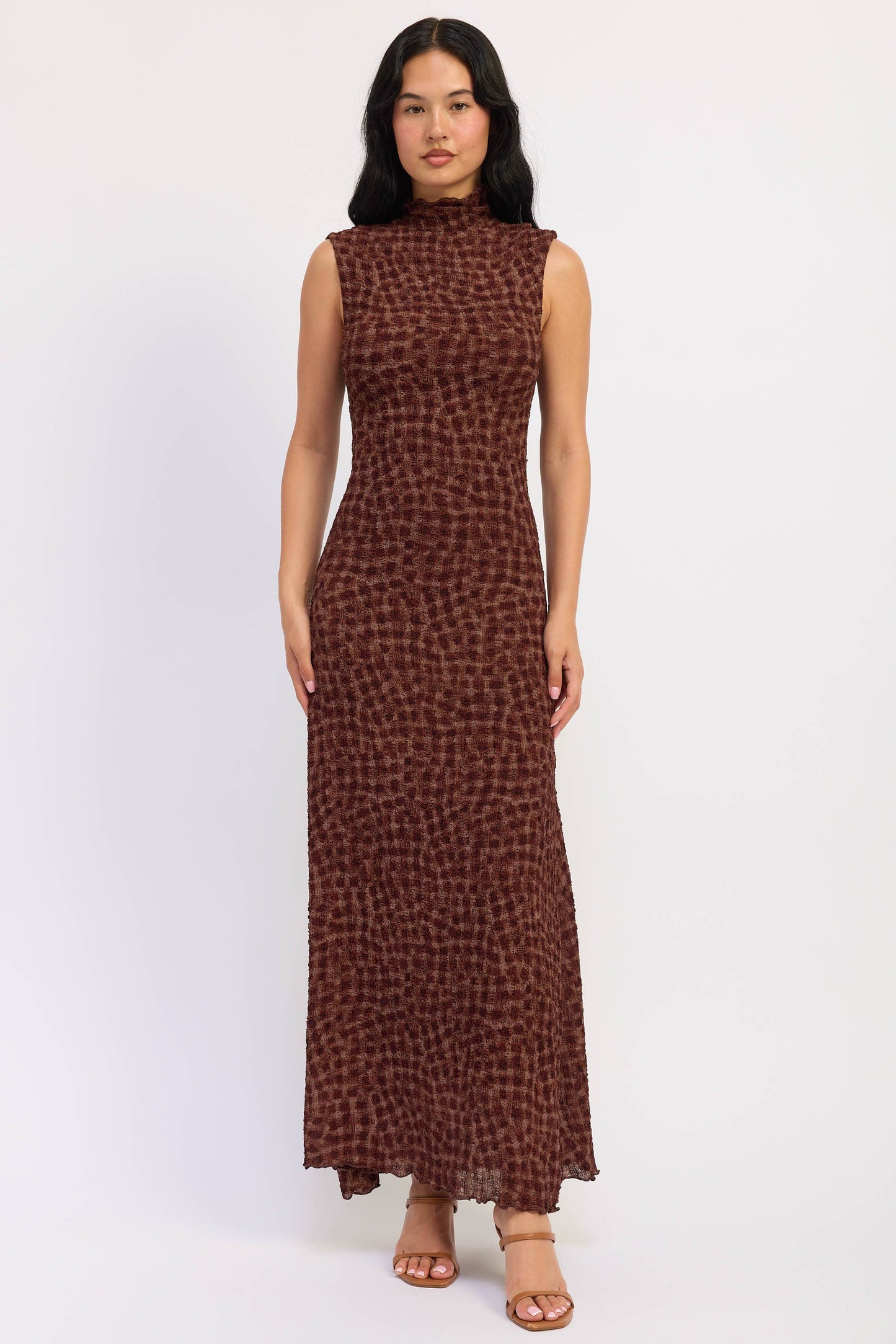 SMOCKED MAXI RUFFLE DRESS WITH MOCK NECK