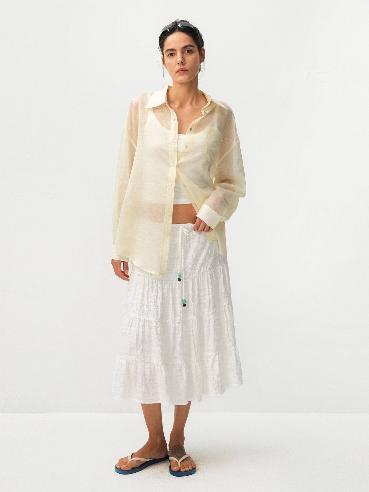 CUBIC Lyocell Oversized Sheer Button-Down Shirt
