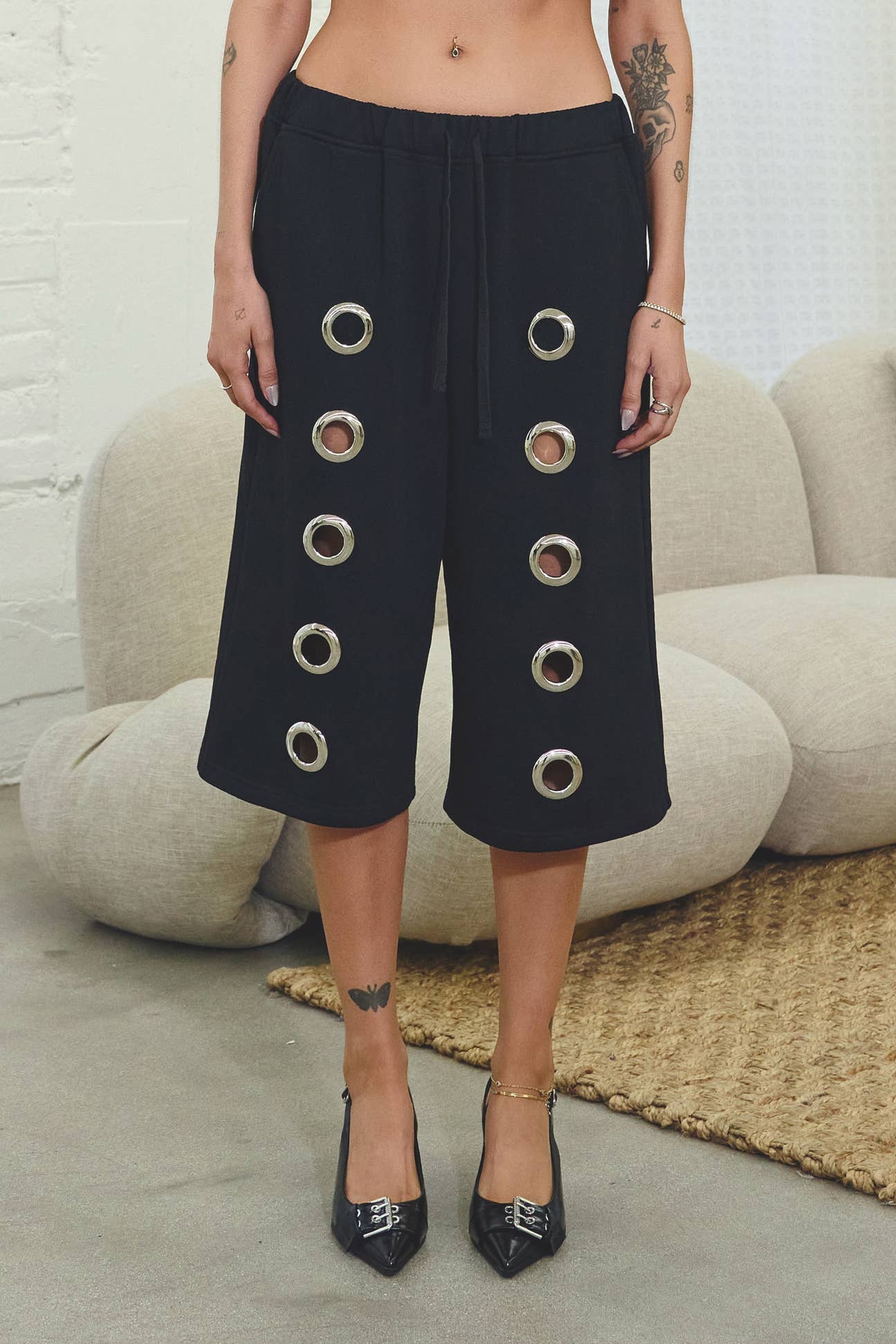 French terry bermuda shorts w/ oversize grommet detail