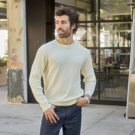 Allen Solid Textured 100% Cotton Sweater -Cream