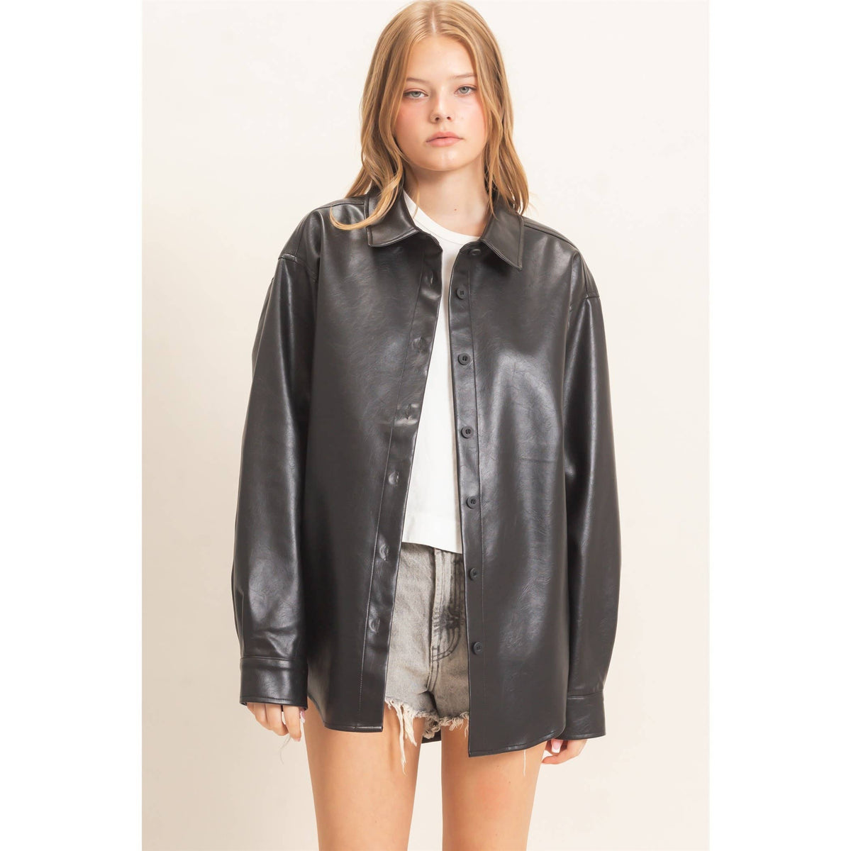 Faux Leather Button-Down Shirt